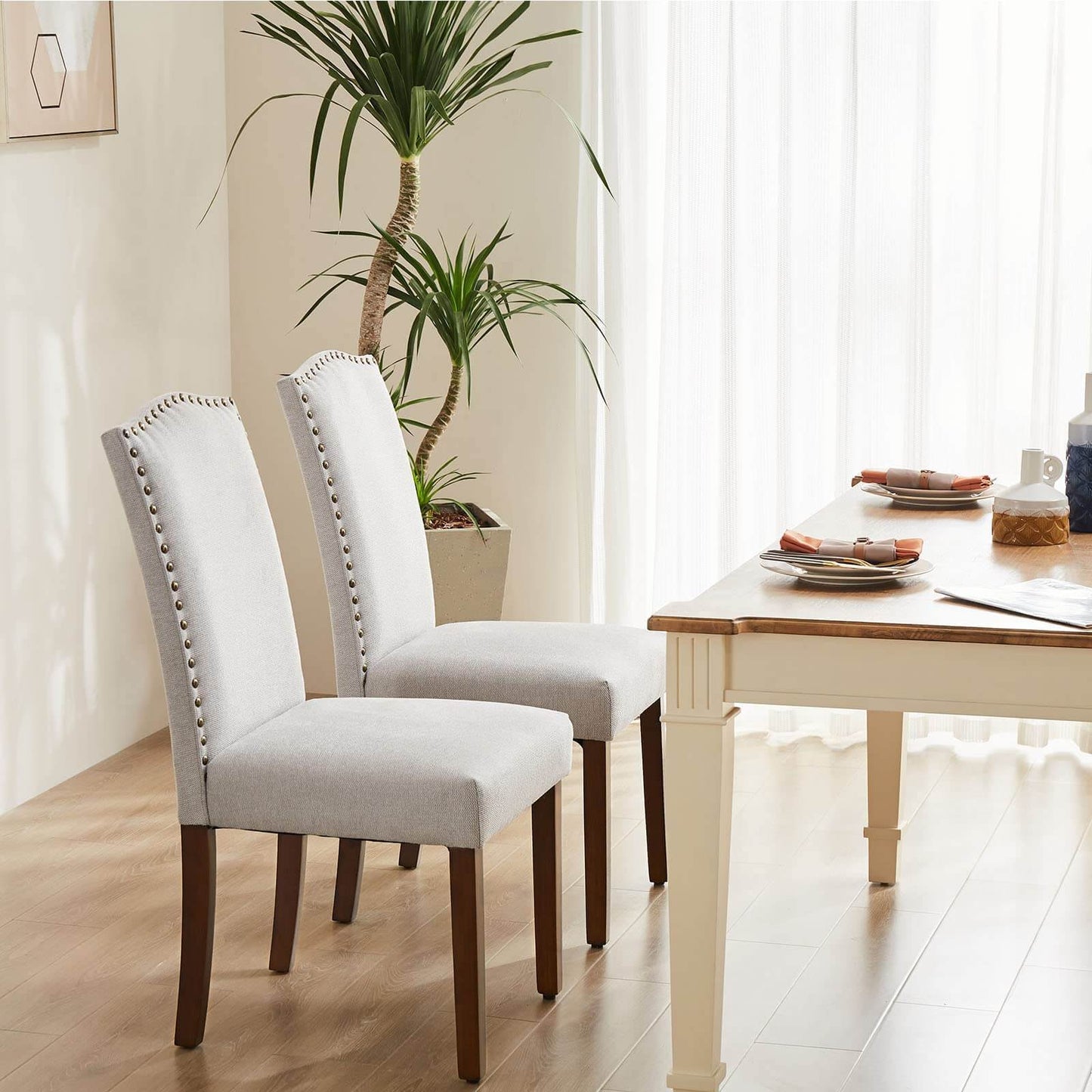 2 Piece Set of Dining Chairs , Premium leather cushion, Nailhead Trim, Wood Legs, Dining Room Kitchen Side Chair for Bedroom, Living Room, Dining Room