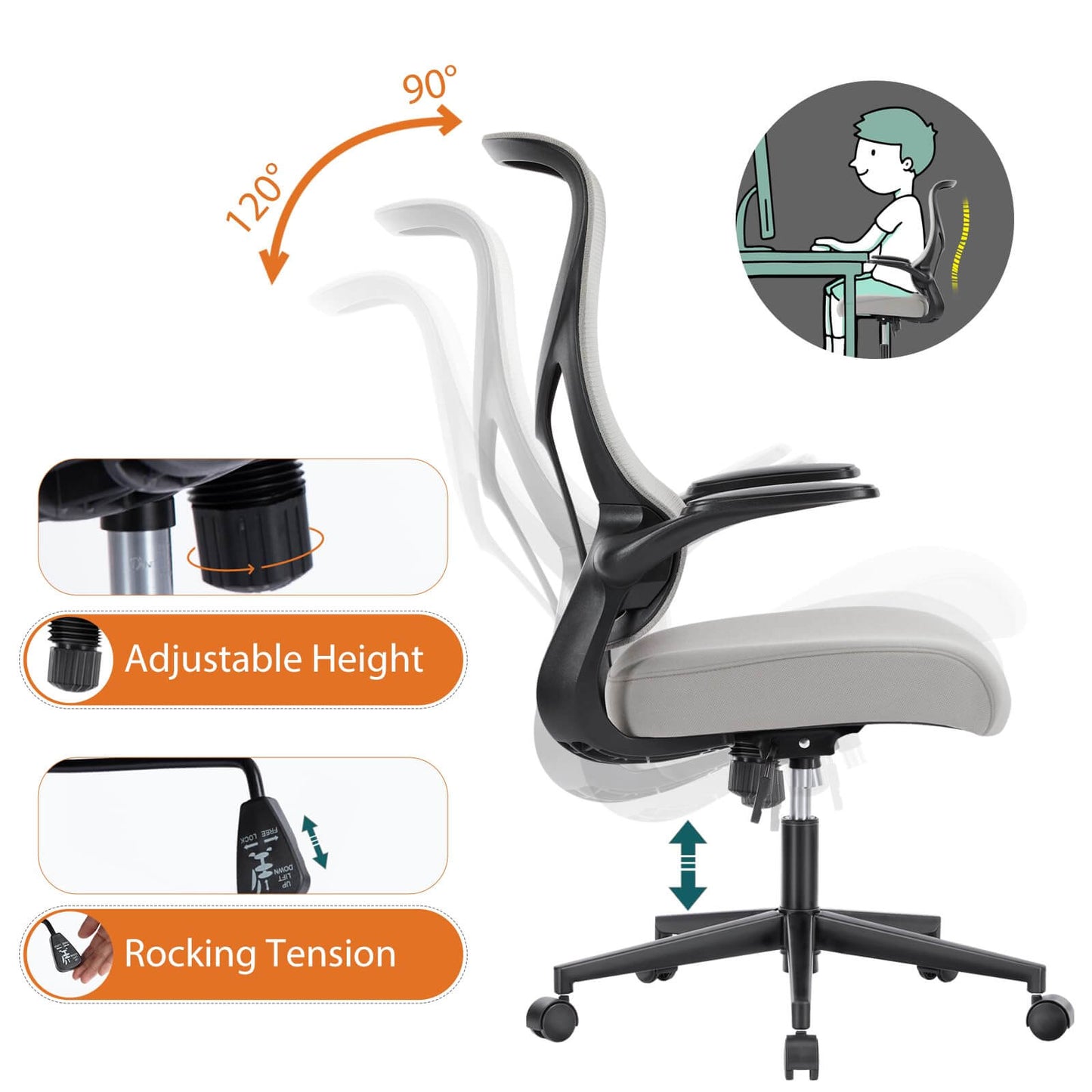 Ergonomic Computer Mesh Chair with Flip-up Armrests,Lumbar Support, Backrest for Home Office