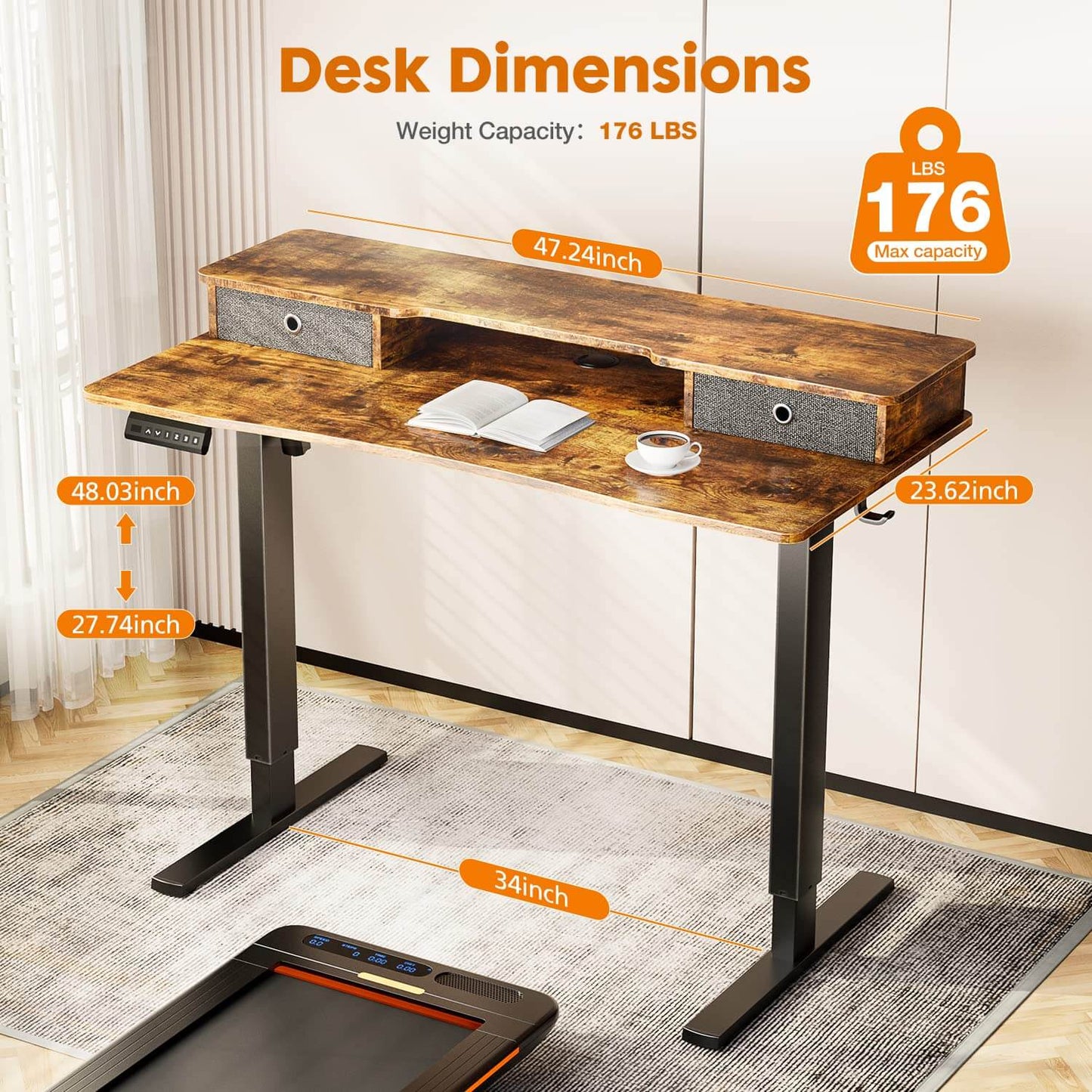 Electric Height Adjustable Standing Desk with Storage Shelf Double Drawer,  Sit to Stand Ergonomic Computer Desk