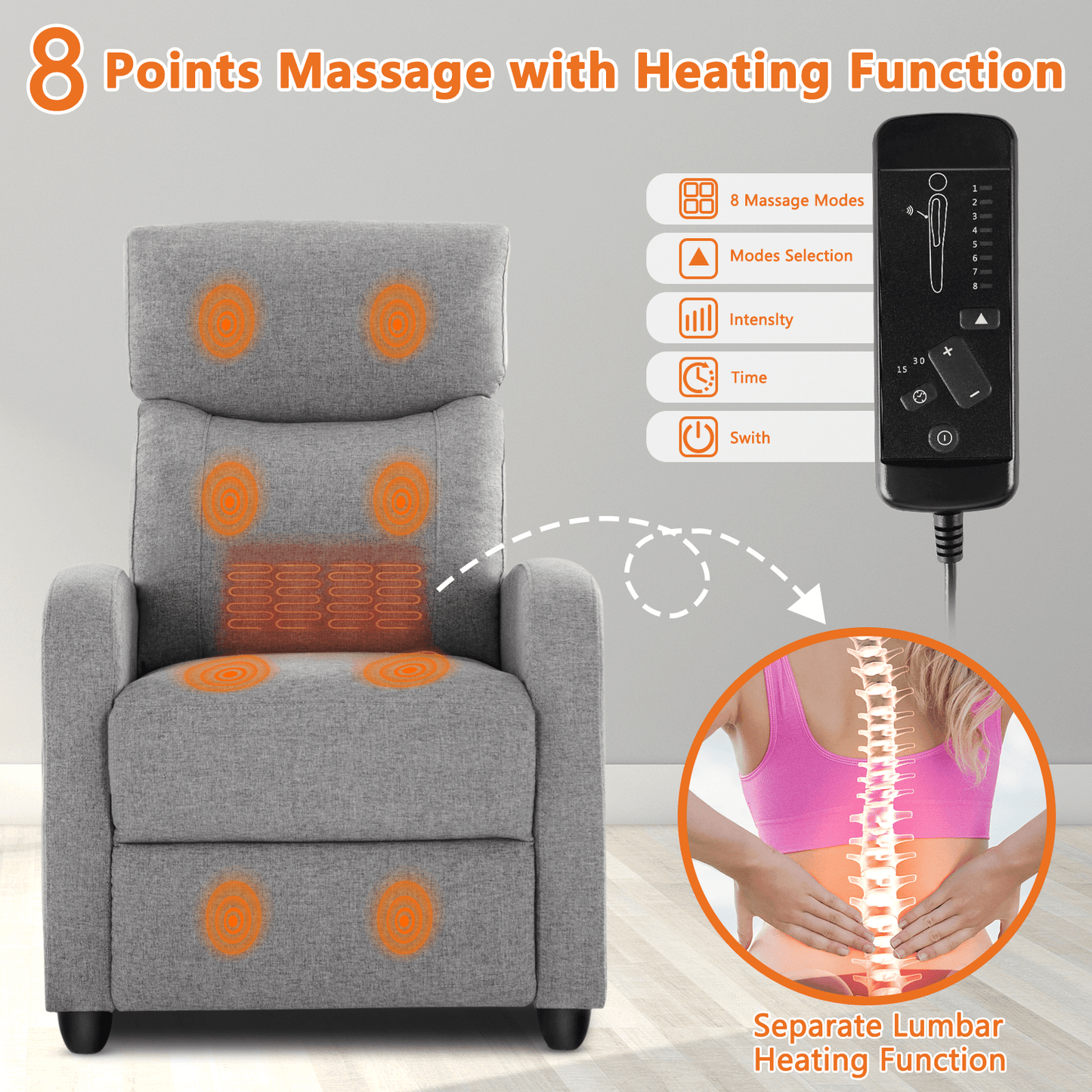 Manual Recliner Chair Winback Single Sofa,Massage and Heating,Casual Chair For Living Room