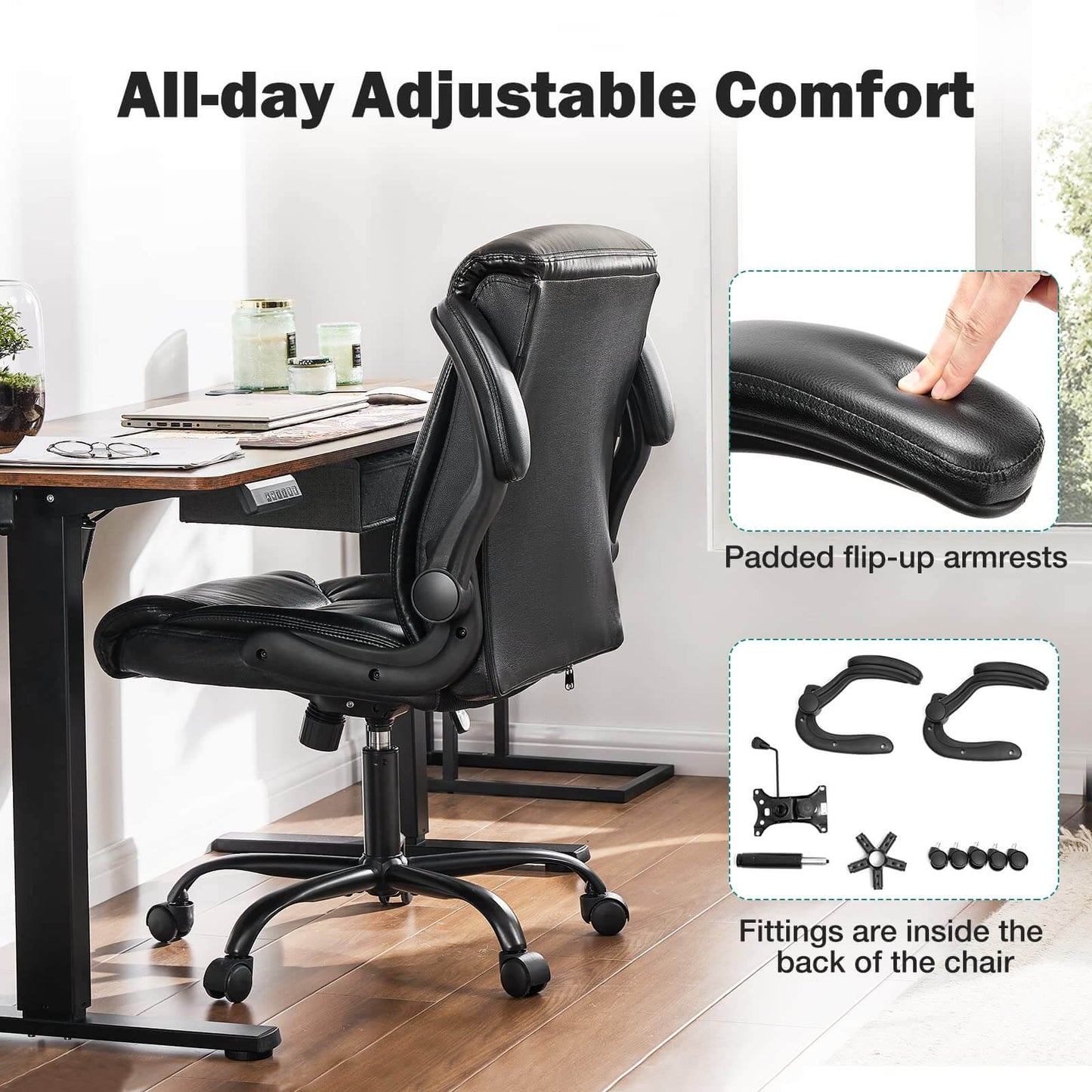 Sweetcrispy Leather Ergonomic Adjustable Computer Office Chair with Flip-up Armrest, Cushion Lumbar Back Support