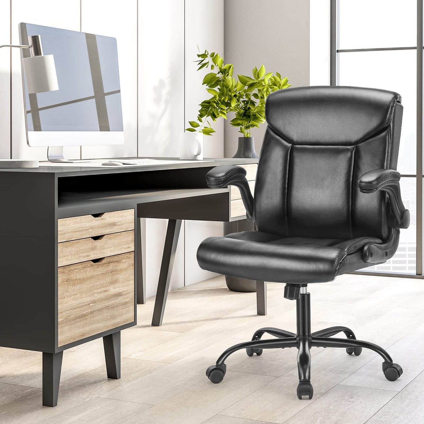 Sweetcrispy Leather Ergonomic Adjustable Computer Office Chair with Flip-up Armrest, Cushion Lumbar Back Support