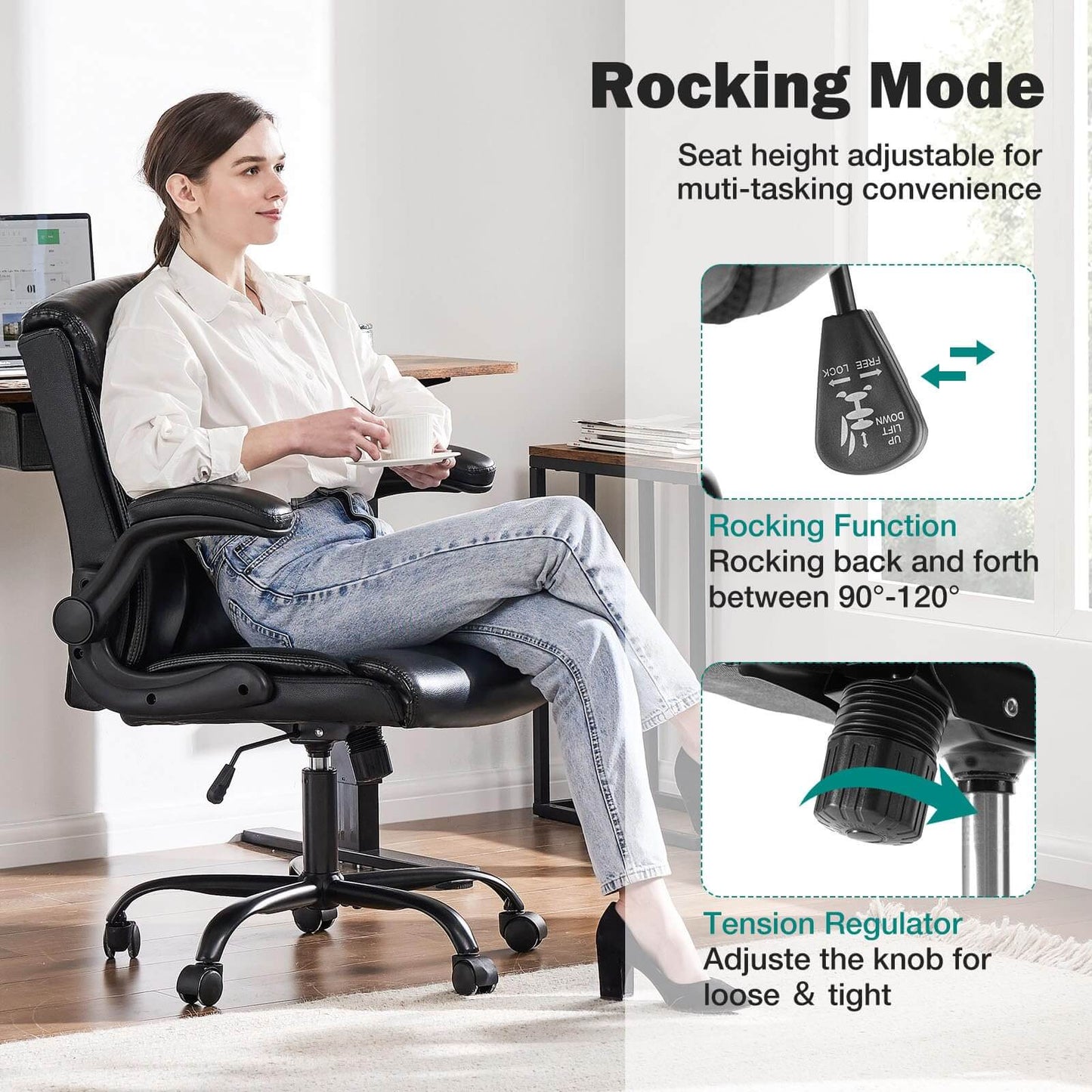 Sweetcrispy Leather Ergonomic Adjustable Computer Office Chair with Flip-up Armrest, Cushion Lumbar Back Support