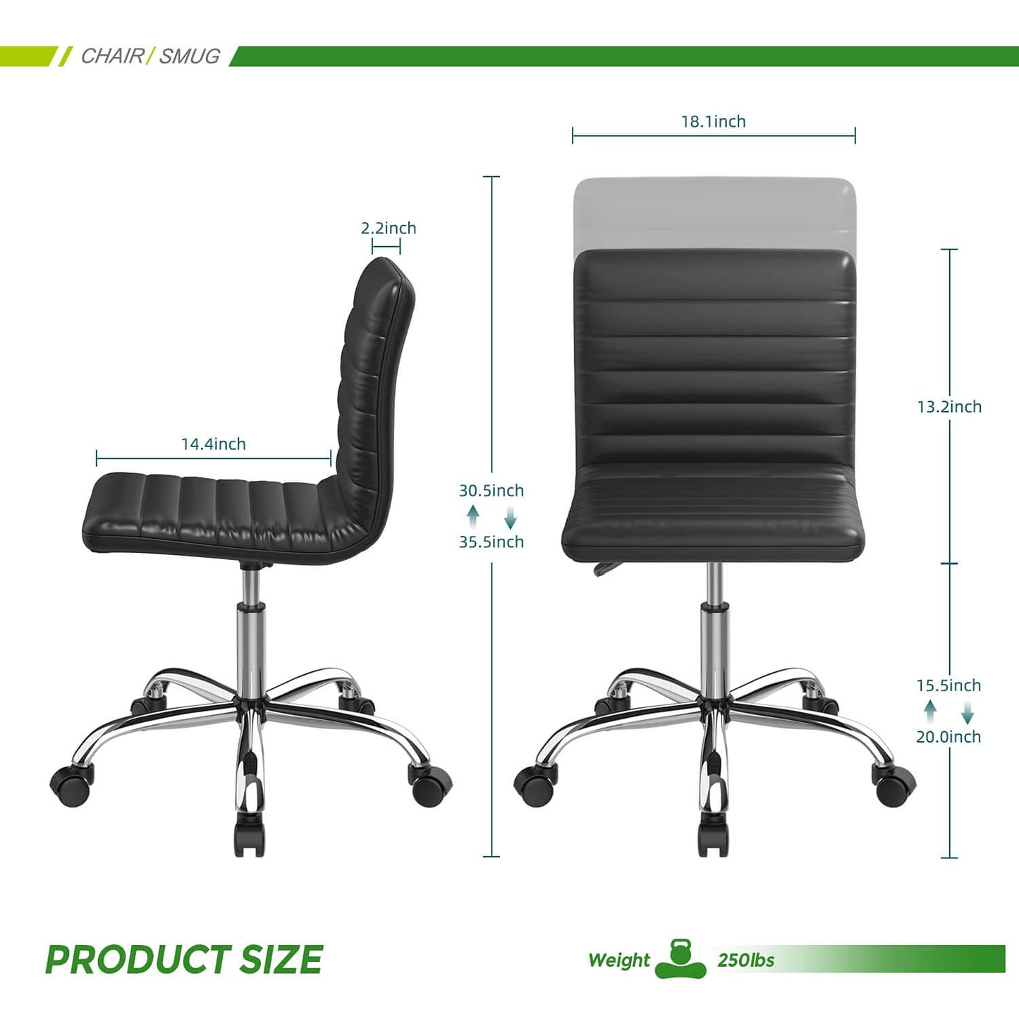 Leather Swivel Armless Mid Back Ribbed Office Chair for Adult Child, Height adjustable Vanity Chair