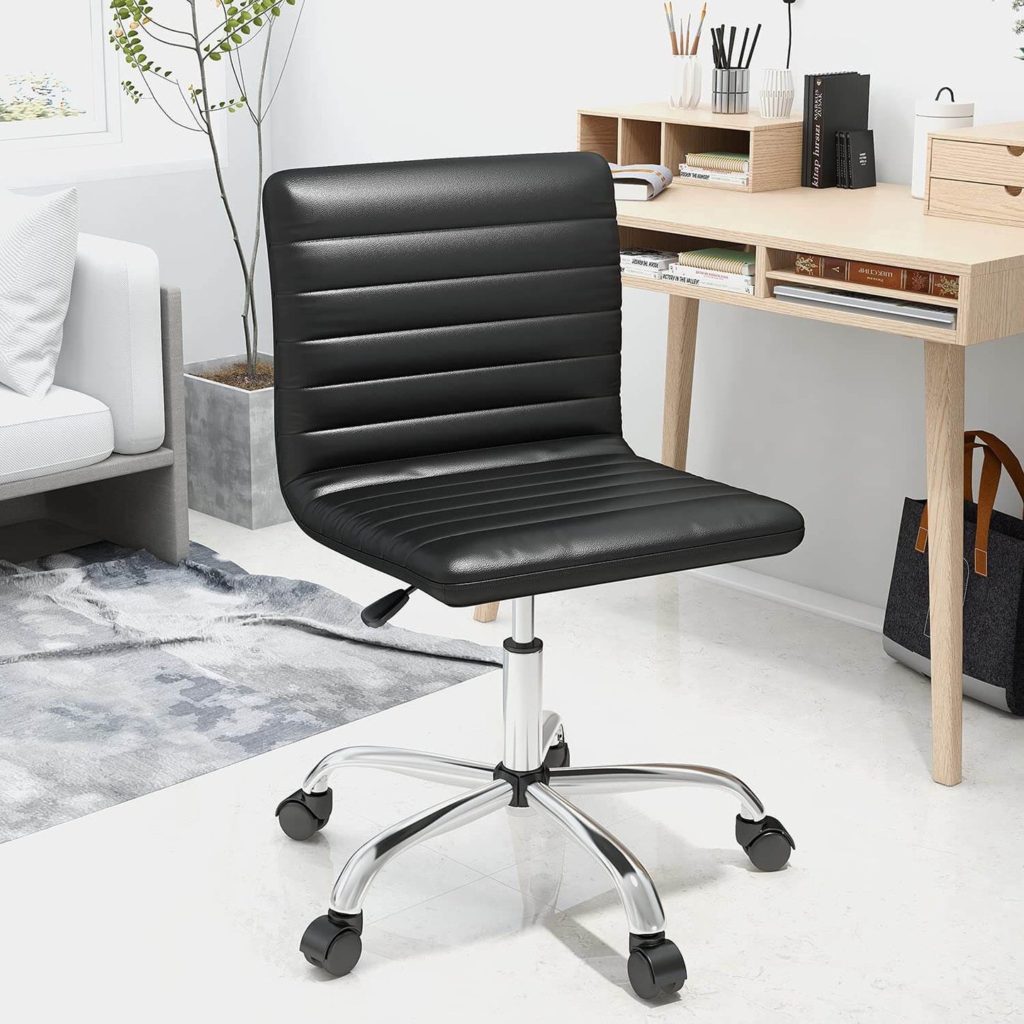 Leather Swivel Armless Mid Back Ribbed Office Chair for Adult Child, Height adjustable Vanity Chair