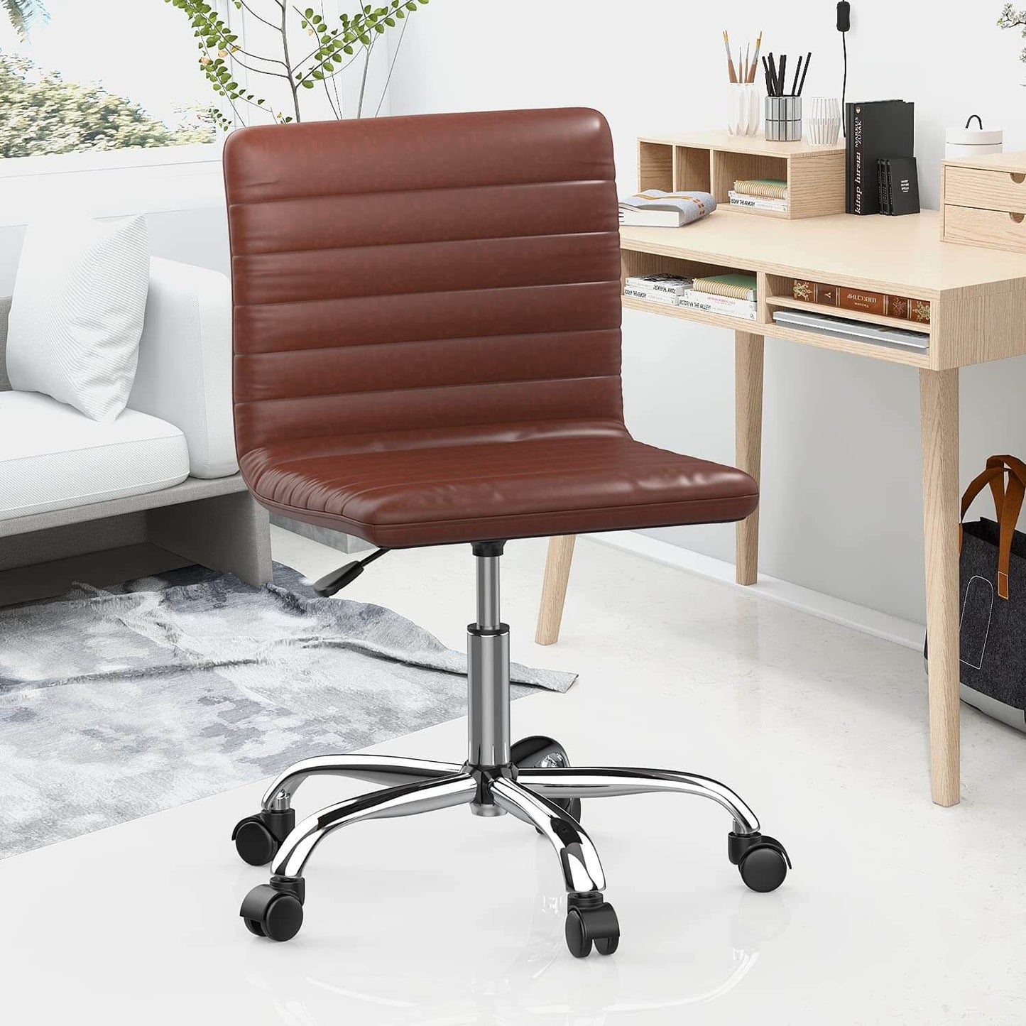 Leather Swivel Armless Mid Back Ribbed Office Chair for Adult Child, Height adjustable Vanity Chair