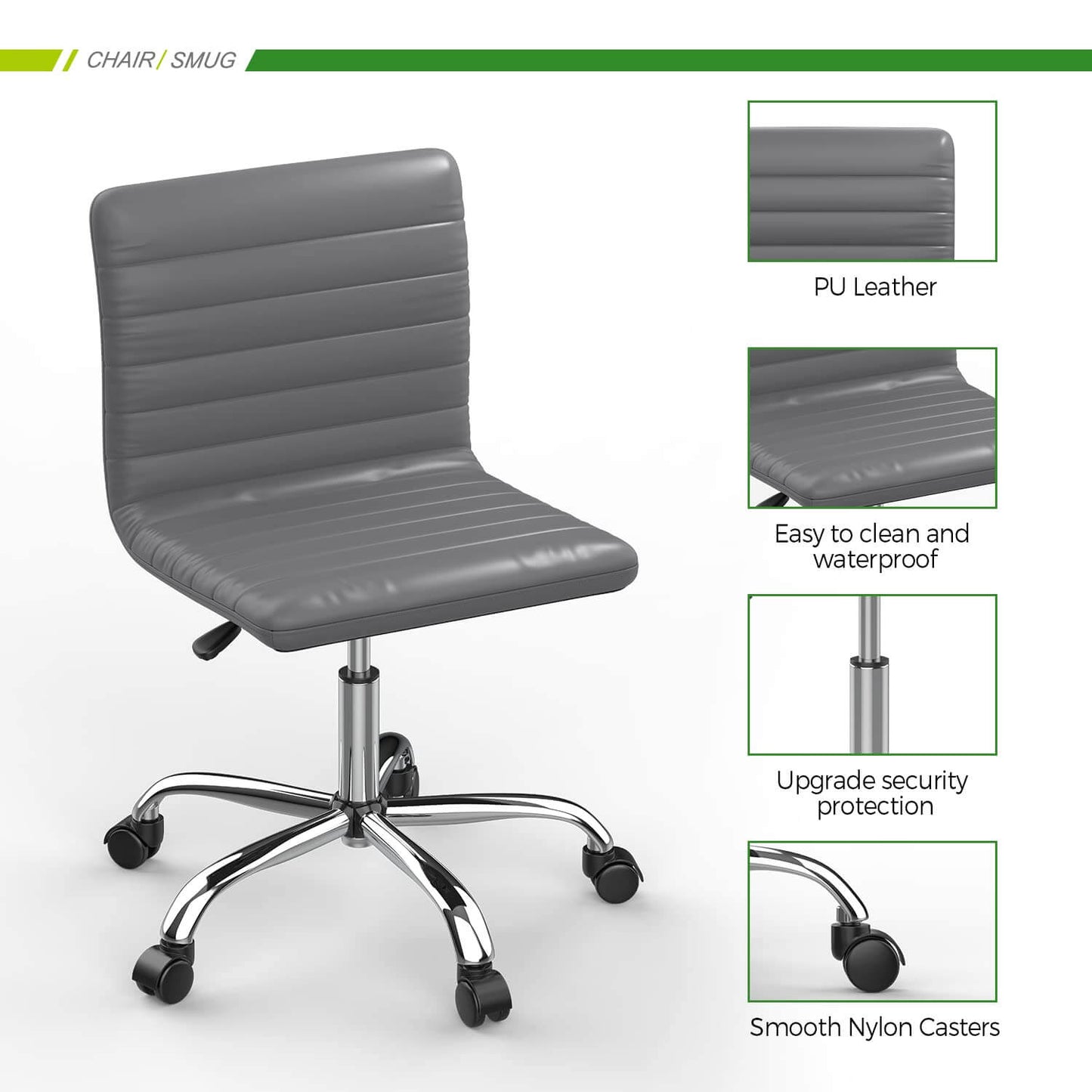 Leather Swivel Armless Mid Back Ribbed Office Chair for Adult Child, Height adjustable Vanity Chair