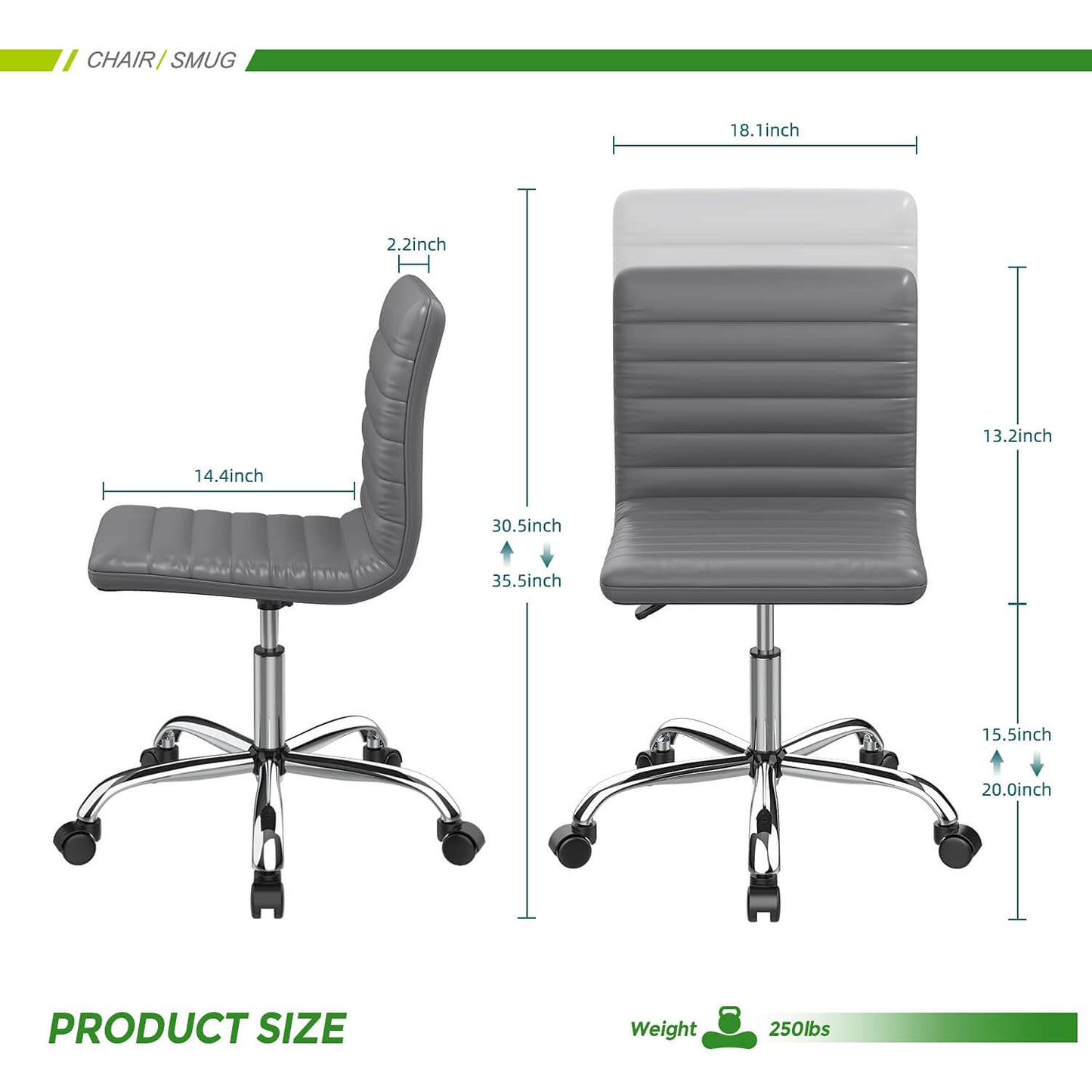 Leather Swivel Armless Mid Back Ribbed Office Chair for Adult Child, Height adjustable Vanity Chair