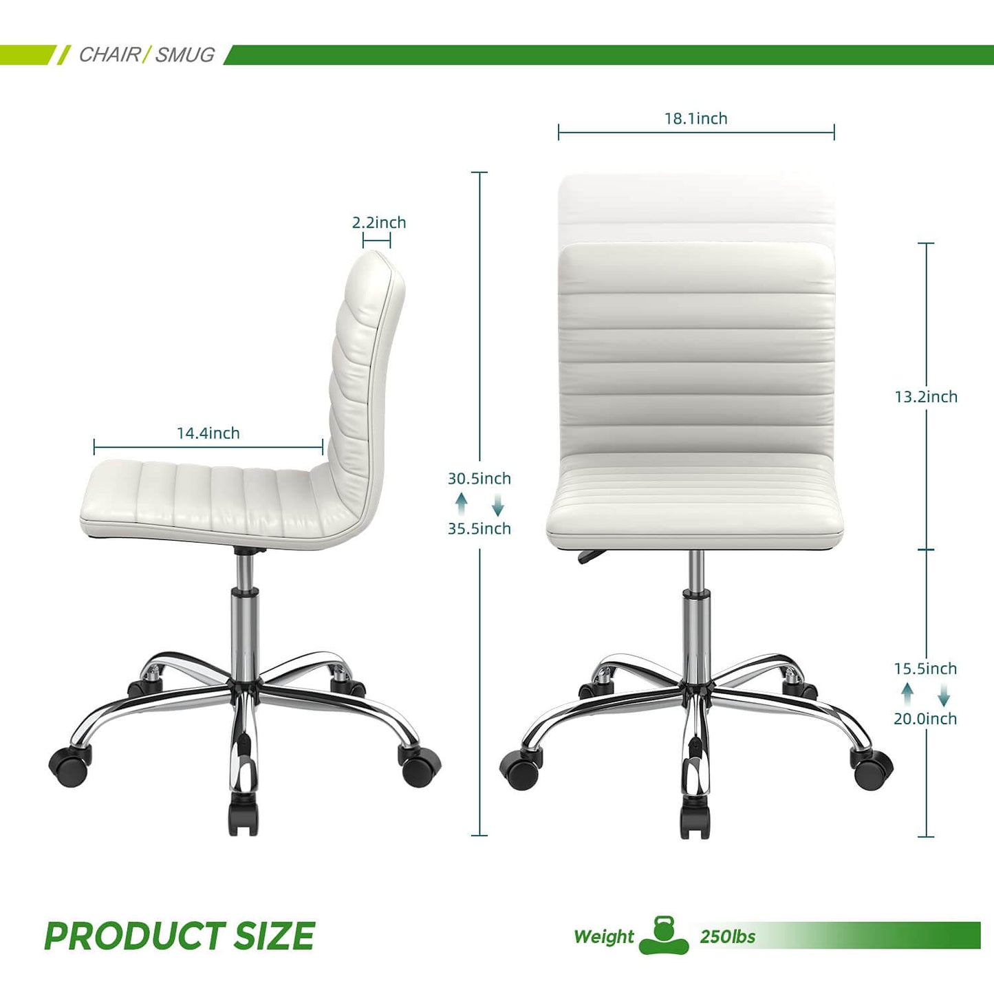 Leather Swivel Armless Mid Back Ribbed Office Chair for Adult Child, Height adjustable Vanity Chair