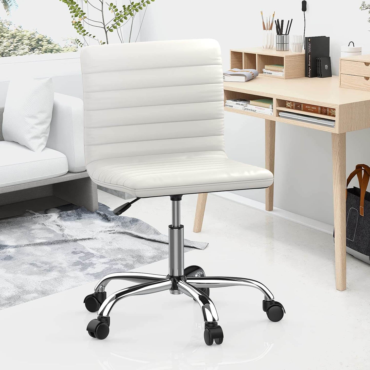 Leather Swivel Armless Mid Back Ribbed Office Chair for Adult Child, Height adjustable Vanity Chair