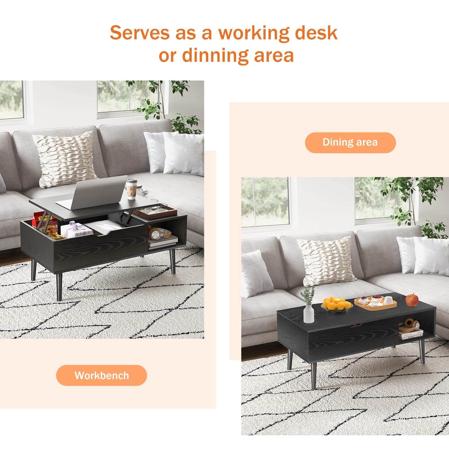 Lift Tabletop Coffee Tables for Living Room with Storage Shelf and Hidden Compartment