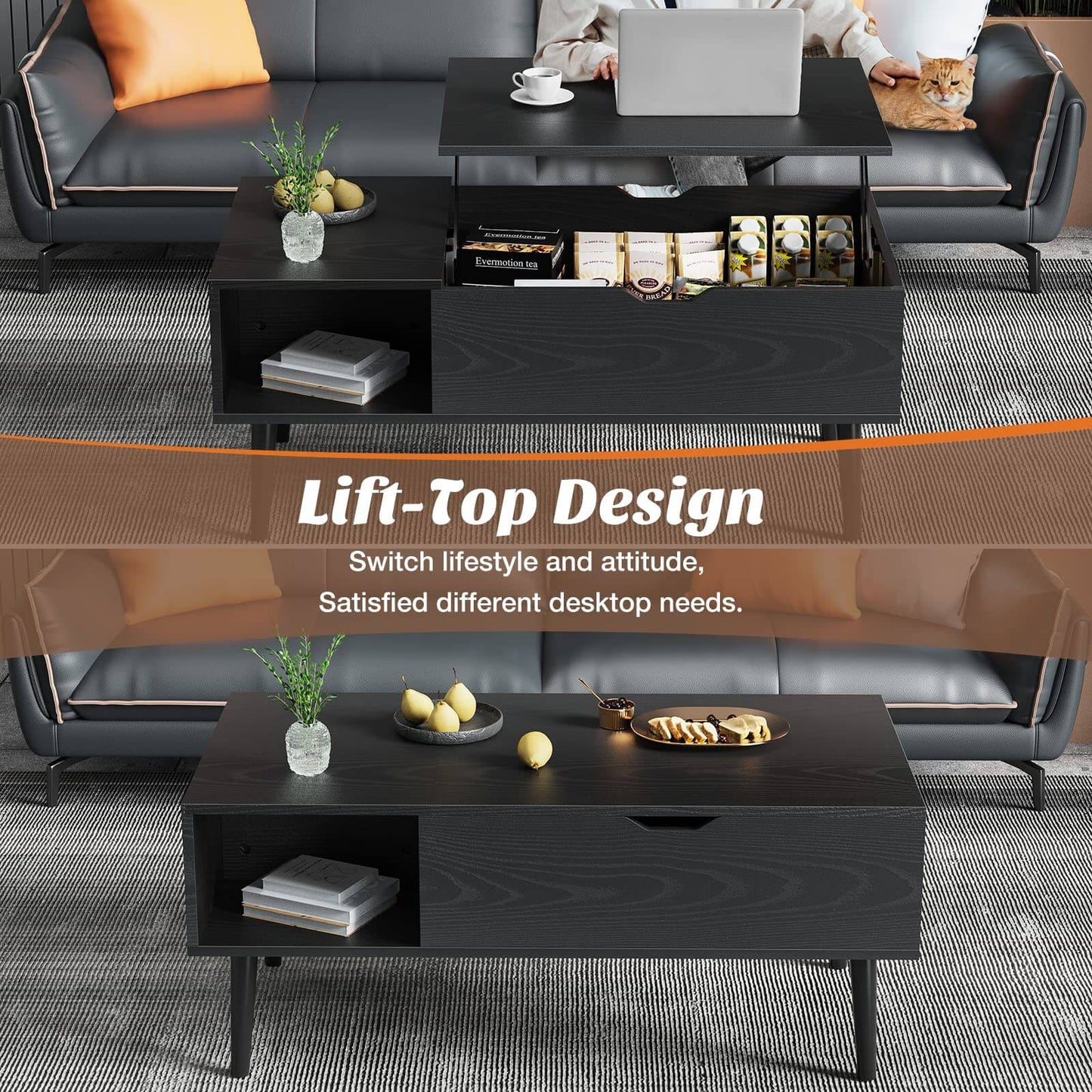 Lift Tabletop Coffee Tables for Living Room with Storage Shelf and Hidden Compartment