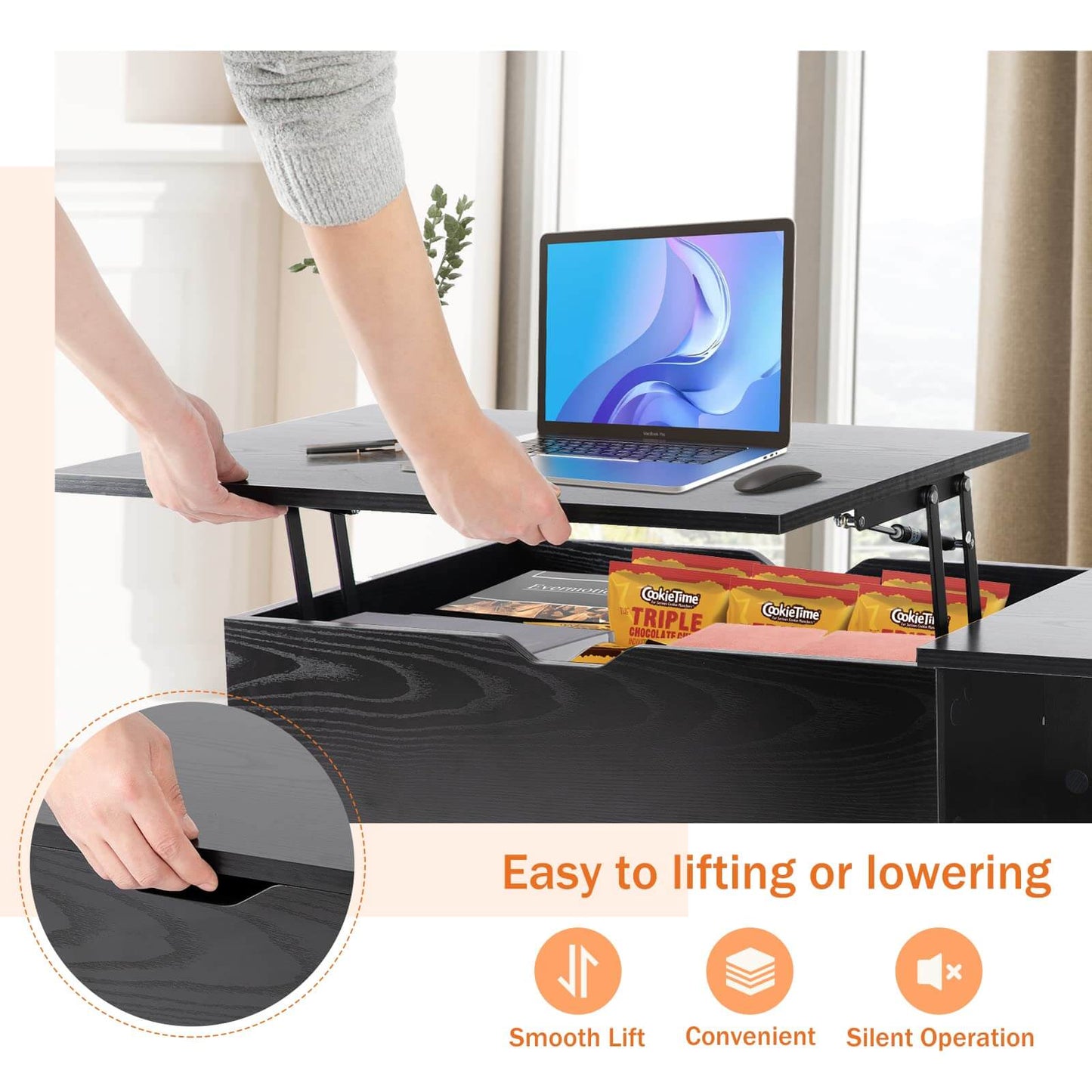 Lift Tabletop Coffee Tables for Living Room with Storage Shelf and Hidden Compartment
