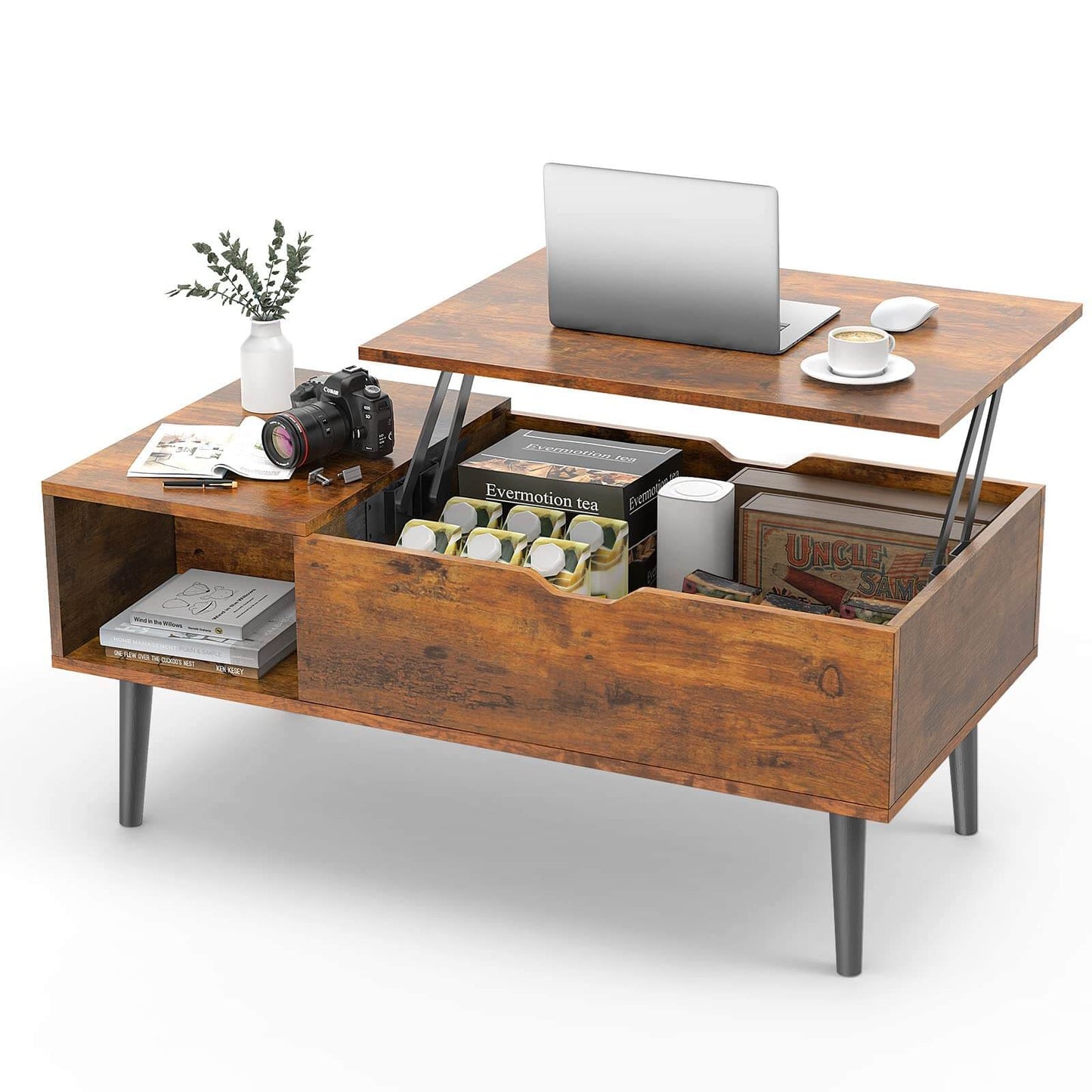 Lift Tabletop Coffee Tables for Living Room with Storage Shelf and Hidden Compartment