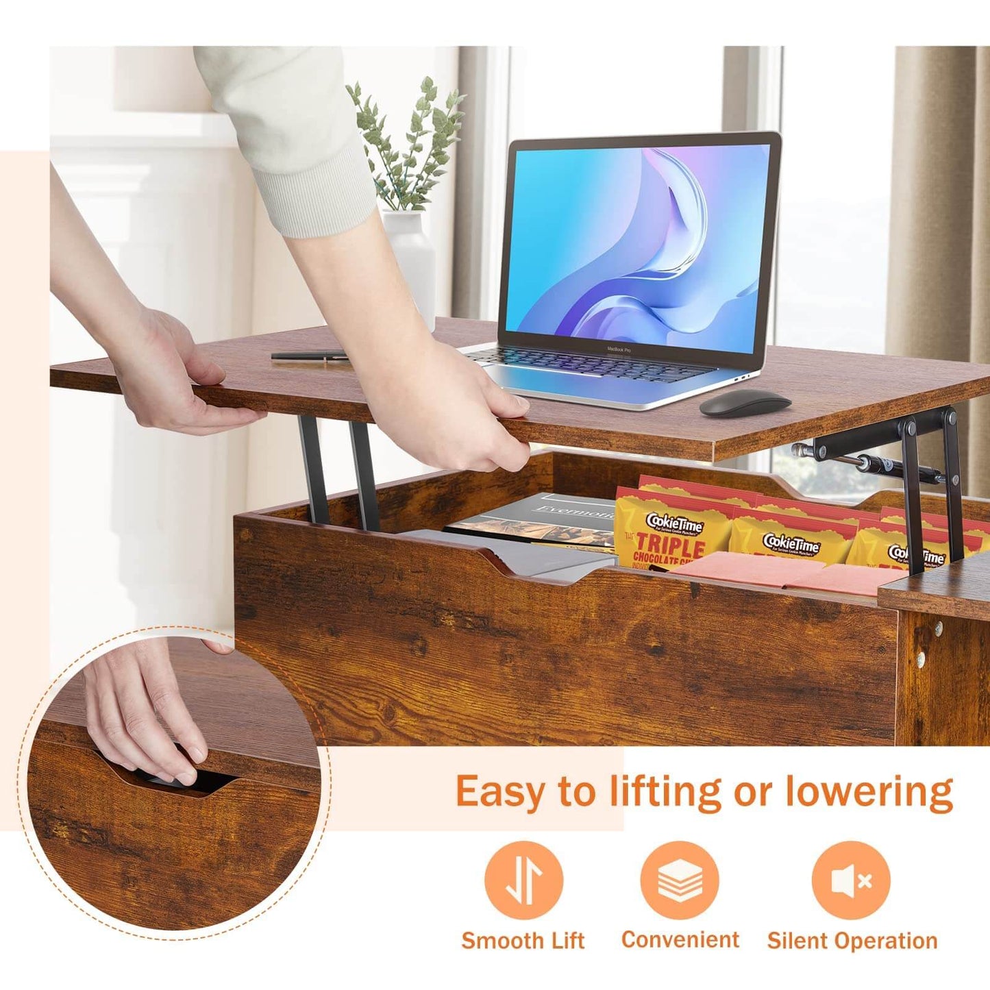 Lift Tabletop Coffee Tables for Living Room with Storage Shelf and Hidden Compartment