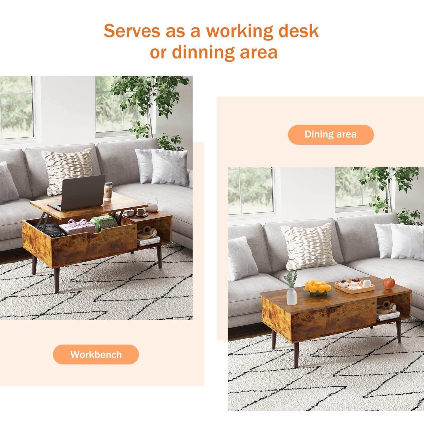 Lift Tabletop Coffee Tables for Living Room with Storage Shelf and Hidden Compartment