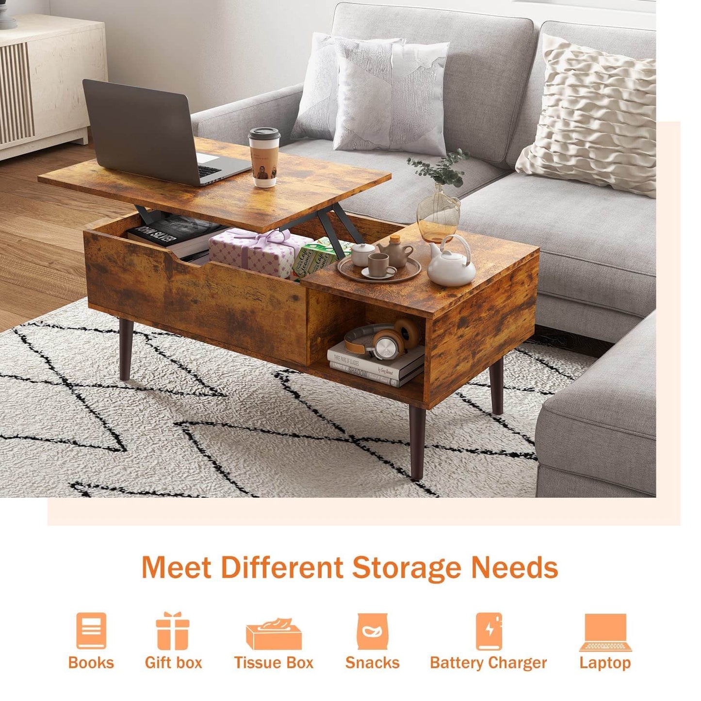 Lift Tabletop Coffee Tables for Living Room with Storage Shelf and Hidden Compartment