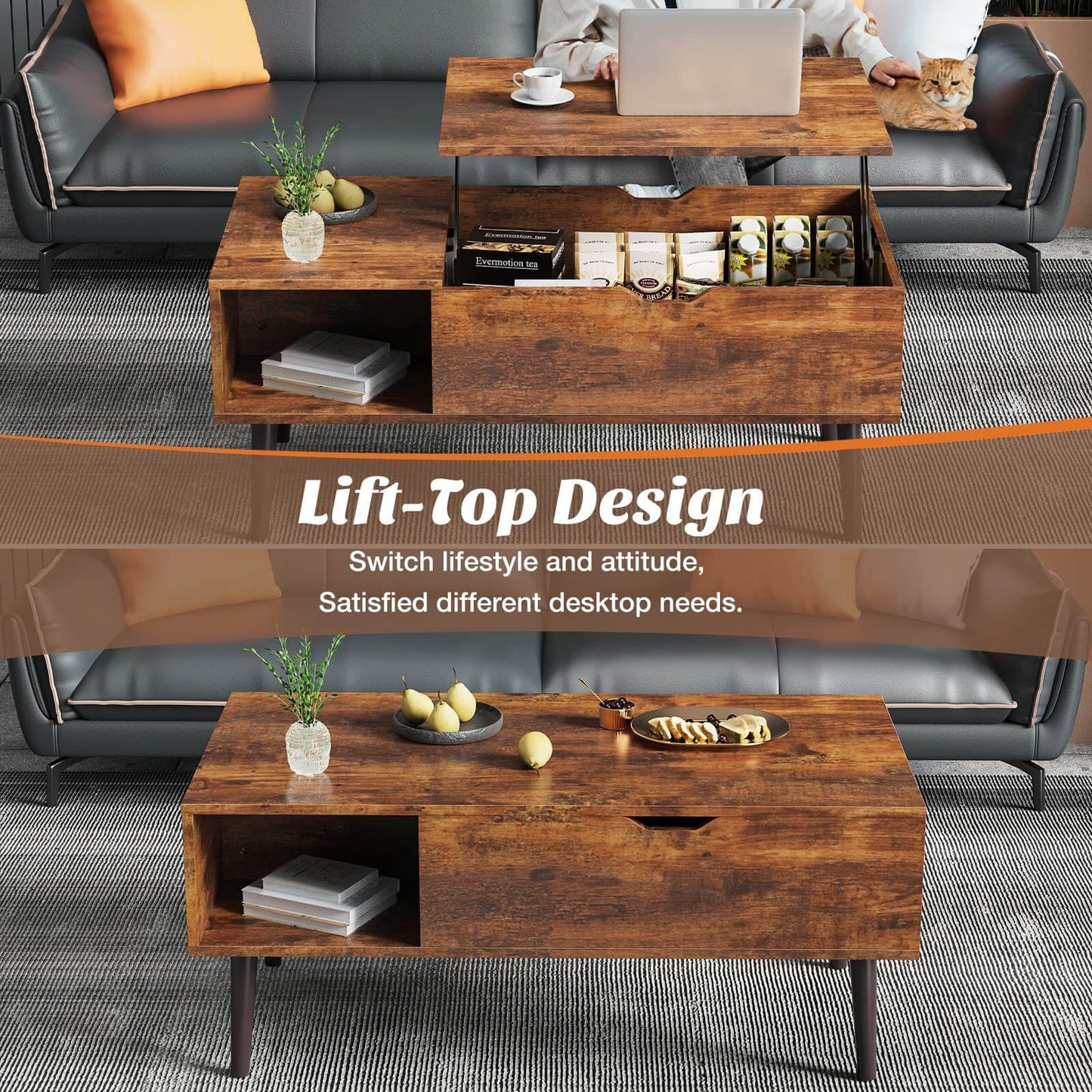Lift Tabletop Coffee Tables for Living Room with Storage Shelf and Hidden Compartment
