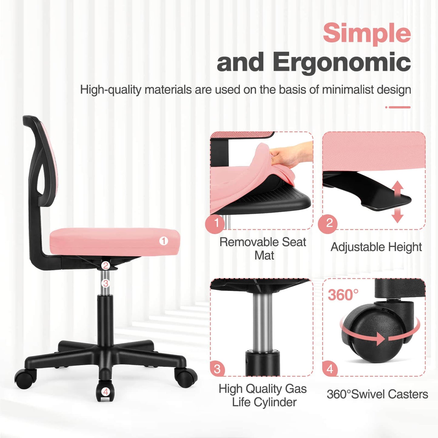Low-Back Mesh Armless Office Chair,Swivel Rolling Computer Chair No Arms with Lumbar Support