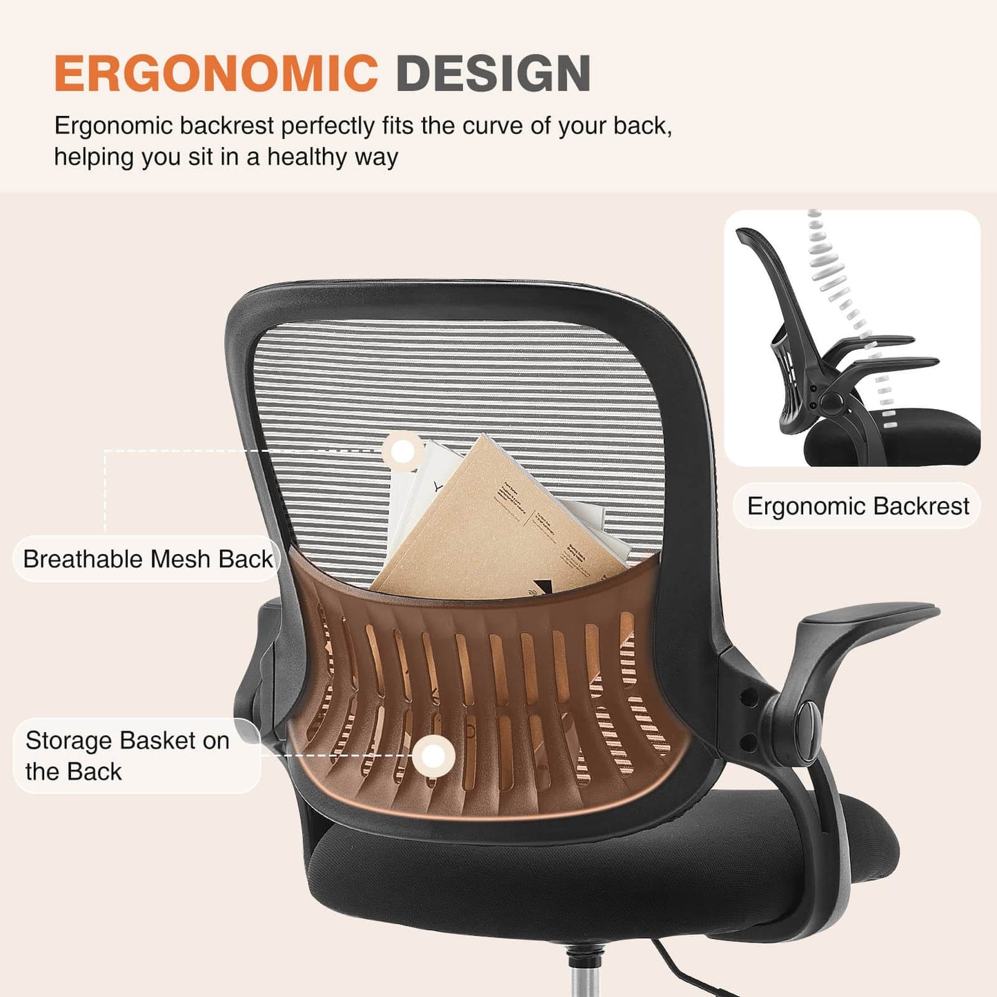 Ergonomic Home Mesh Office Desk Chairs with Flip up Armrests,Lumbar Support