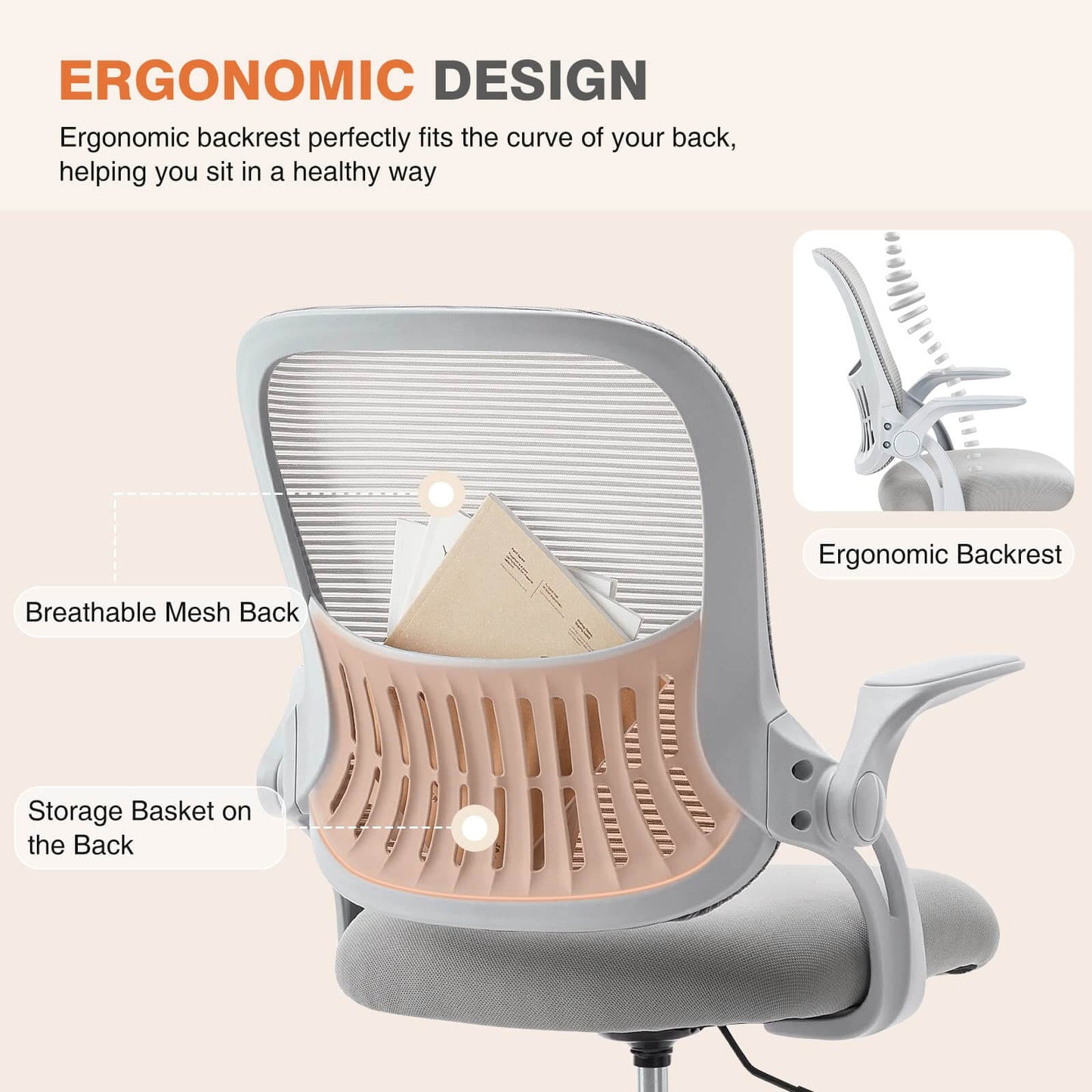 Ergonomic Home Mesh Office Desk Chairs with Flip up Armrests,Lumbar Support