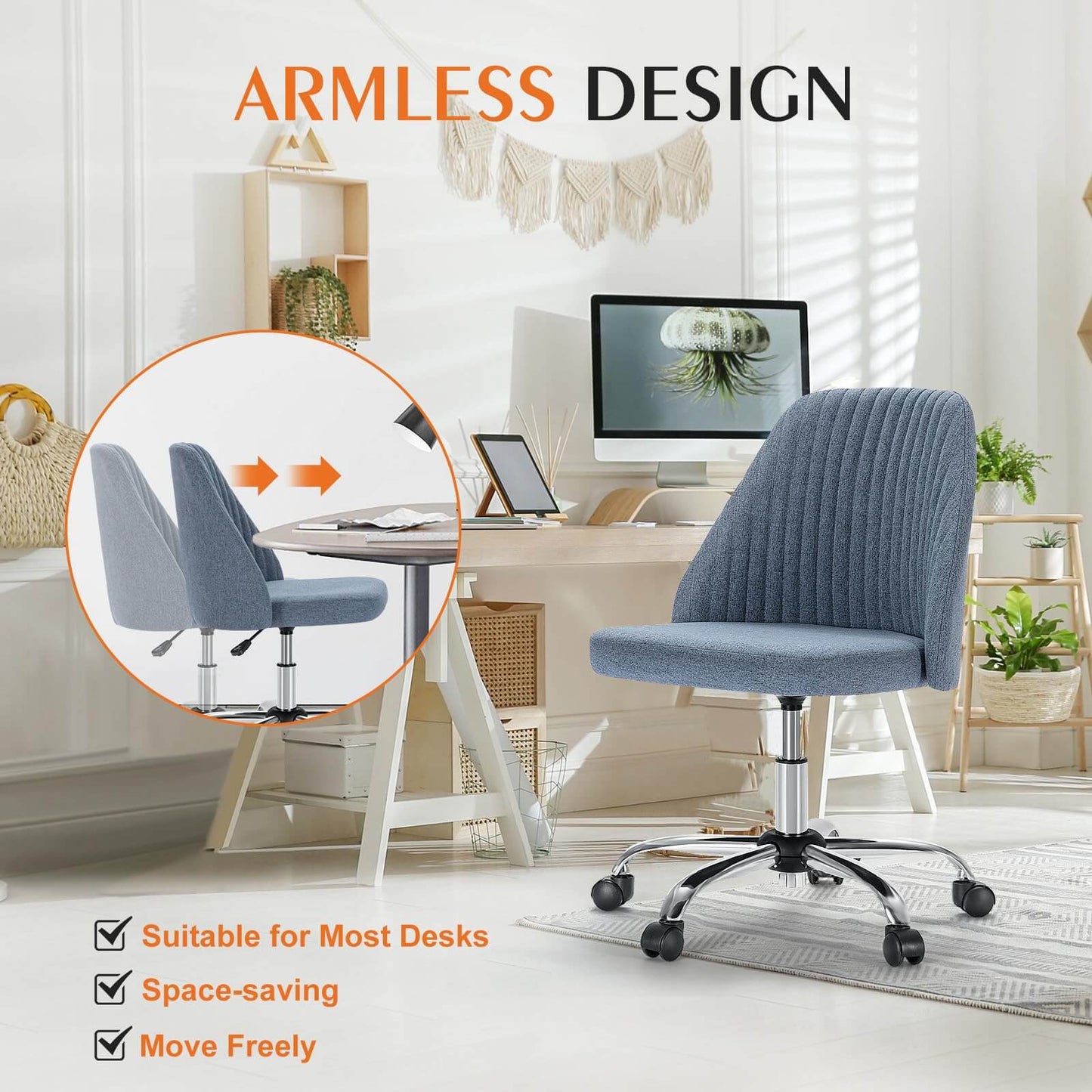 Modern Fabric Armless Adjustable Swivel Office Desk Chairs with Wheels