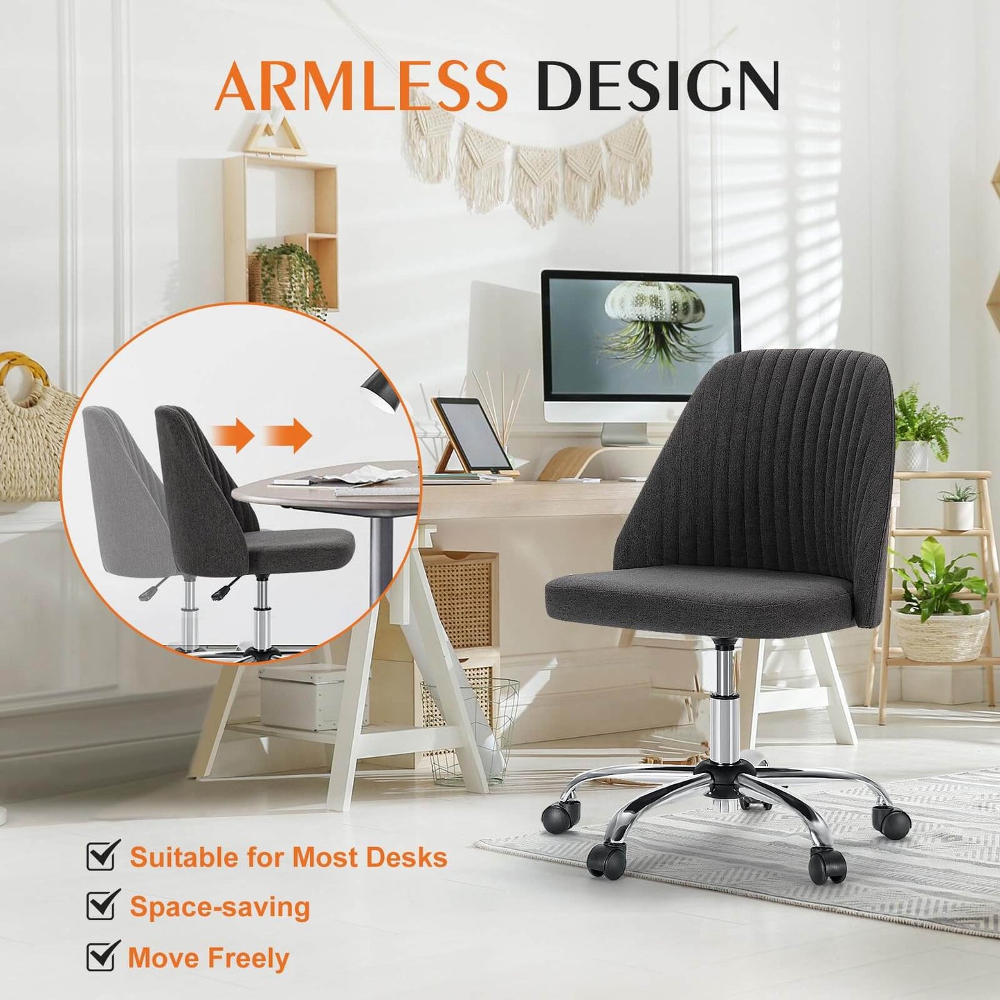 Modern Fabric Armless Adjustable Swivel Office Desk Chairs with Wheels
