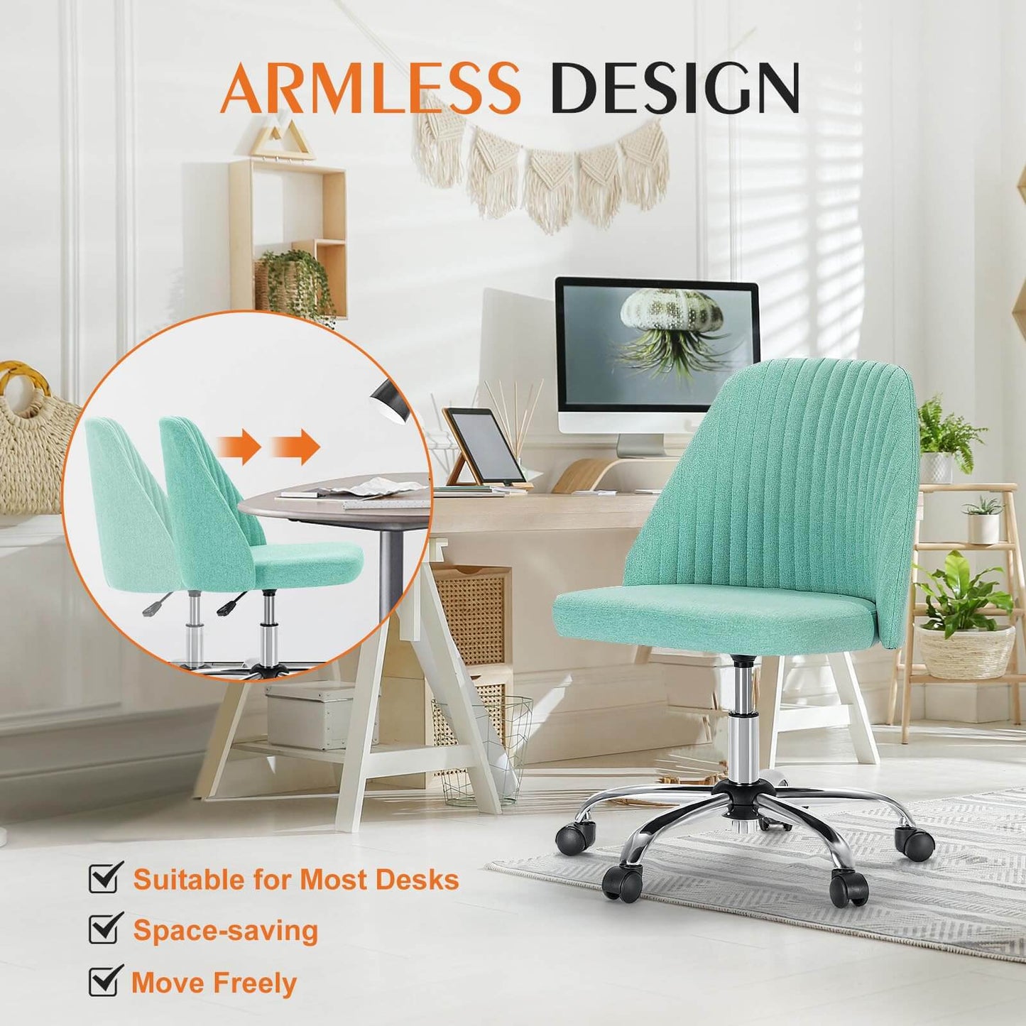 Modern Fabric Armless Adjustable Swivel Office Desk Chairs with Wheels