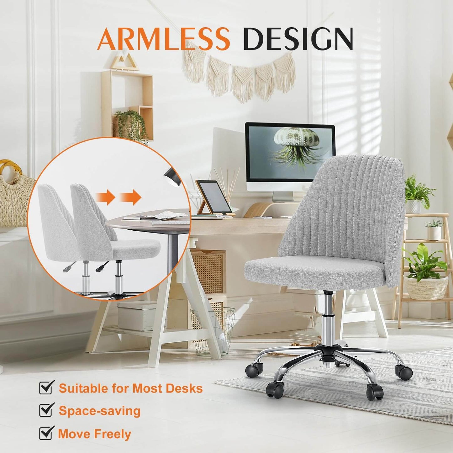Modern Fabric Armless Adjustable Swivel Office Desk Chairs with Wheels