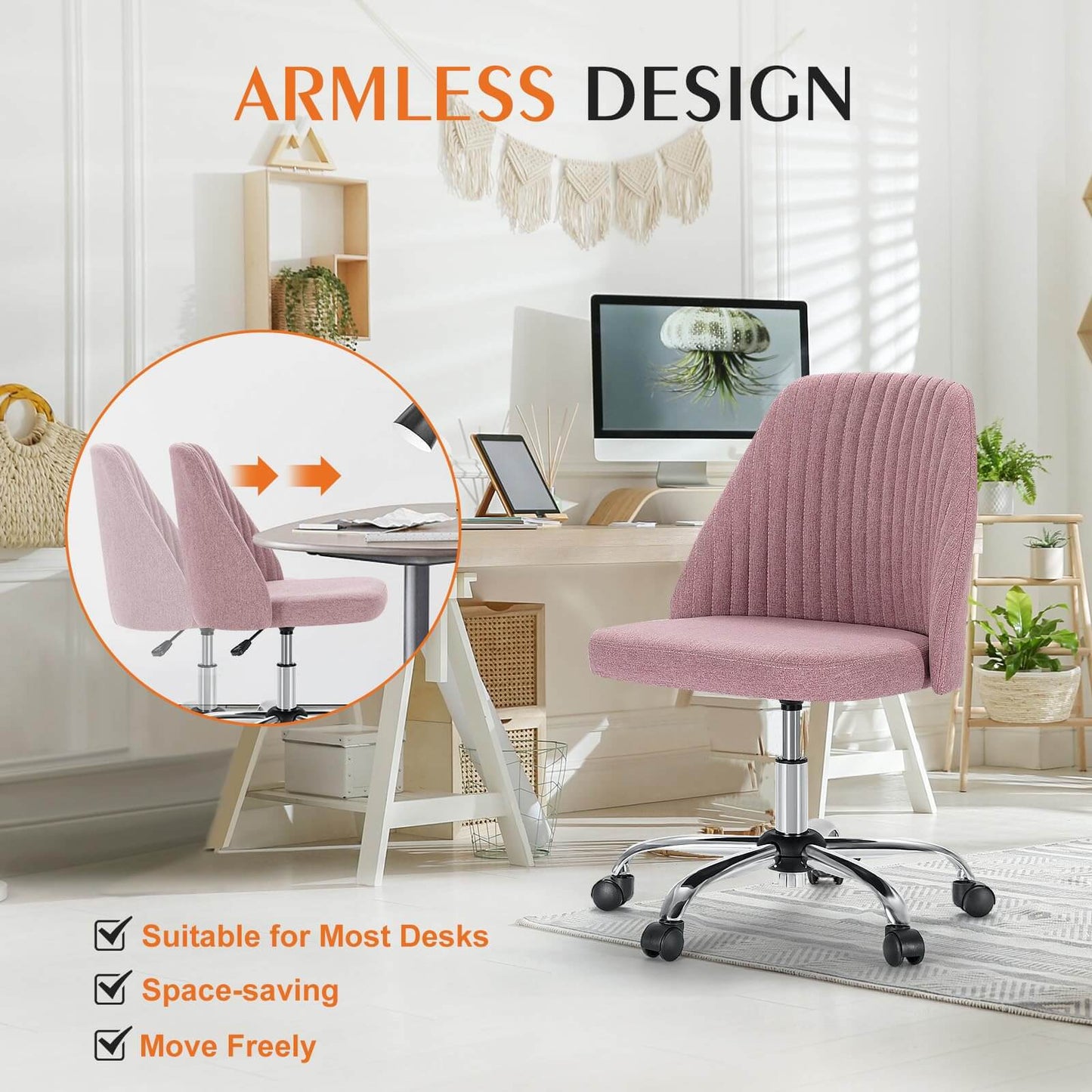 Modern Fabric Armless Adjustable Swivel Office Desk Chairs with Wheels