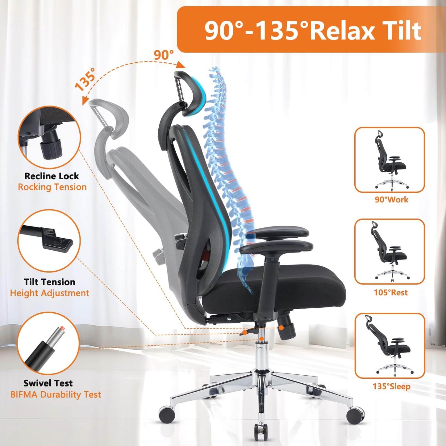 Ergonomic Office Chair with 2D Armrest Adjustable Lumbar Support & Headrest,135°Tilt Function
