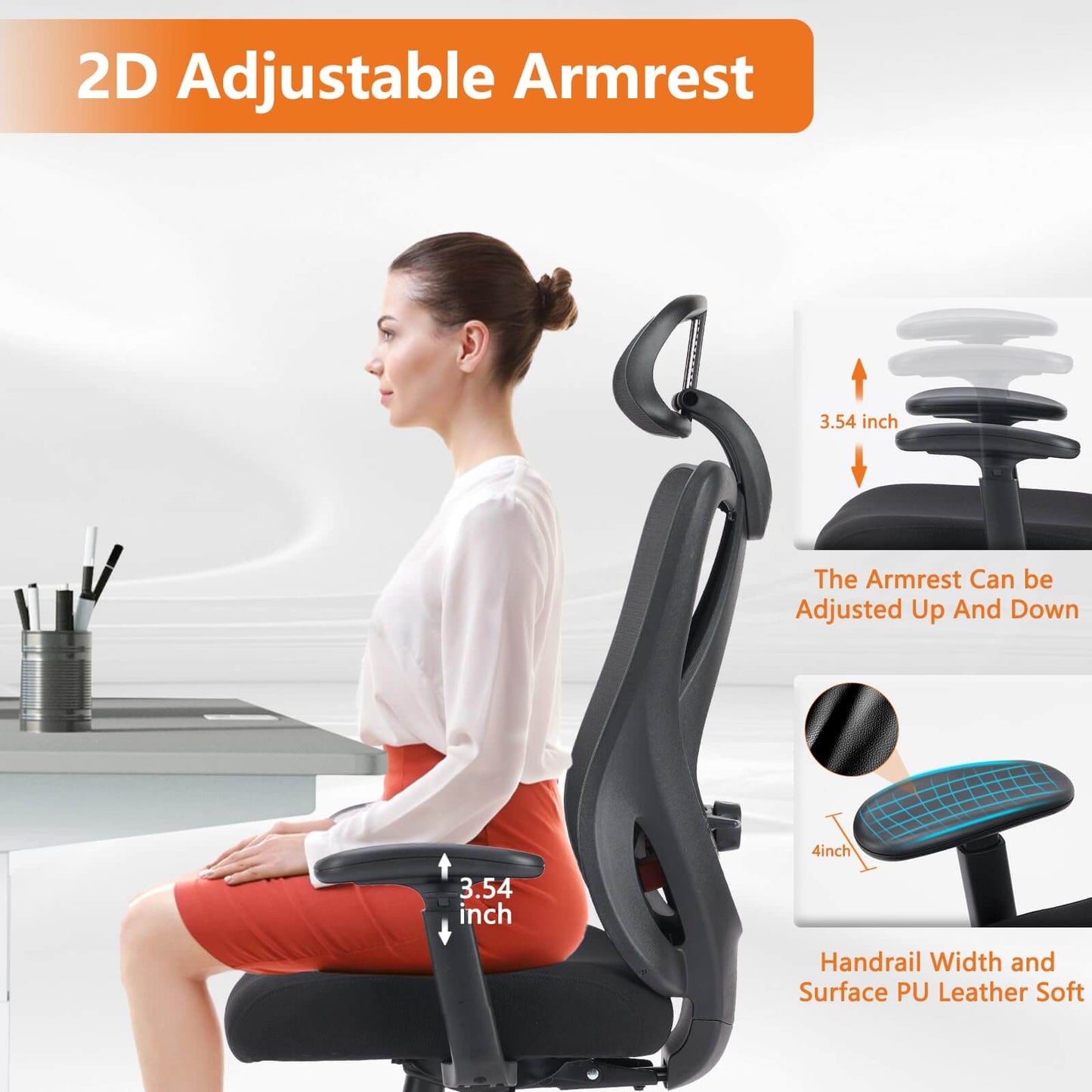Ergonomic Office Chair with 2D Armrest Adjustable Lumbar Support & Headrest,135°Tilt Function