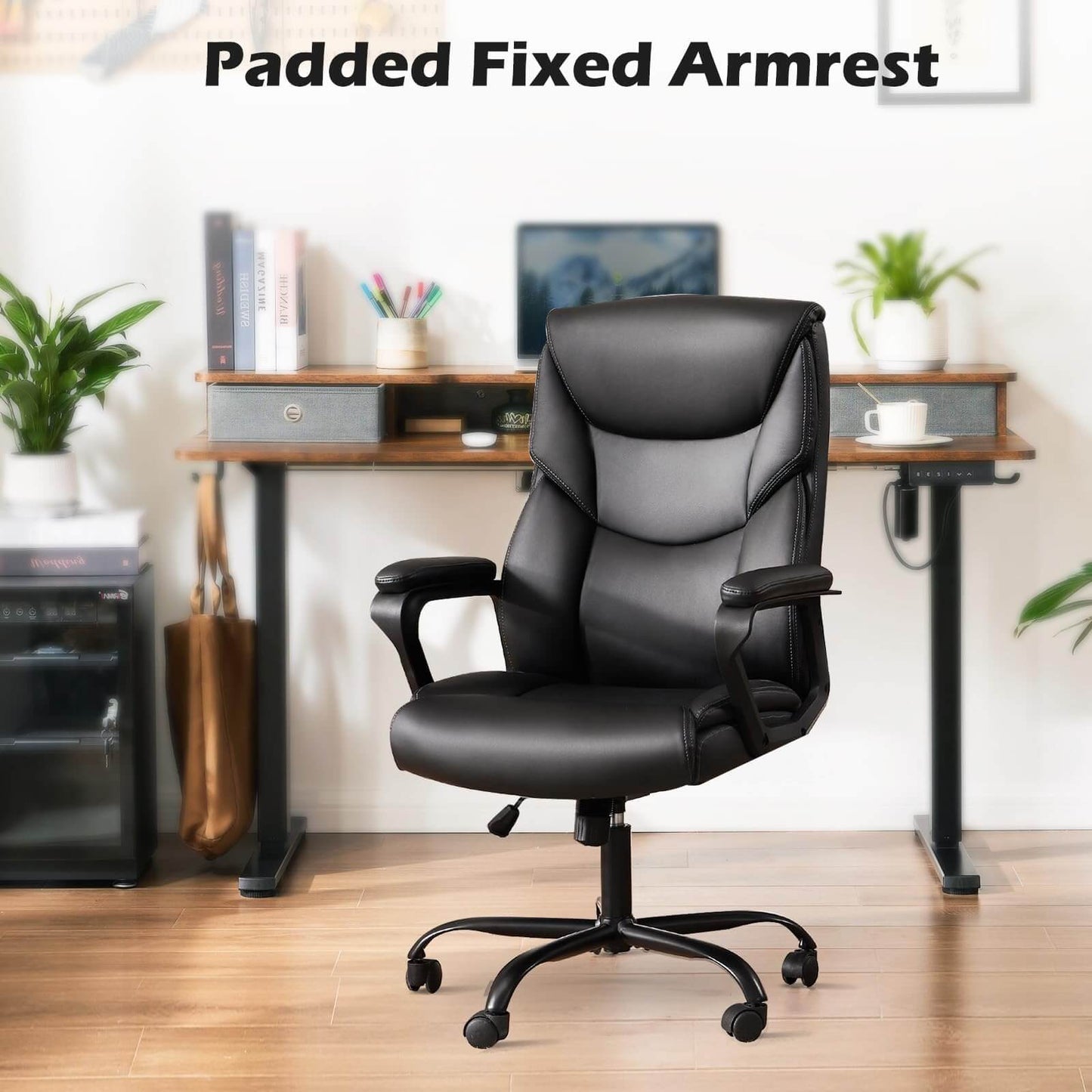 PU Leather Office Chair with Adjustable Flip-up Armrest,Lumbar Support, Strong Metal Base