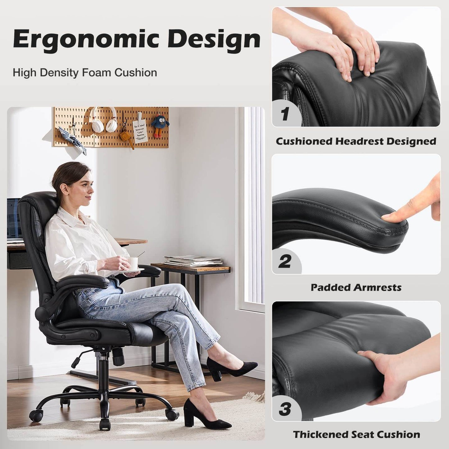 PU Leather Office Chair with Adjustable Flip-up Armrest,Lumbar Support, Strong Metal Base