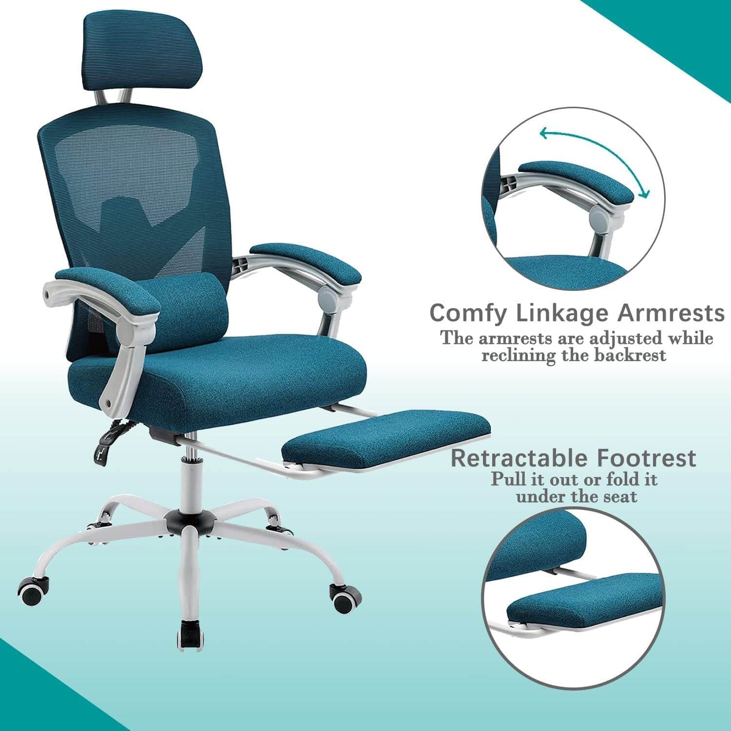 Retractable Footrest Ergonomic Swivel Office Chair with Lumbar Support Pillow and Padded Armrests