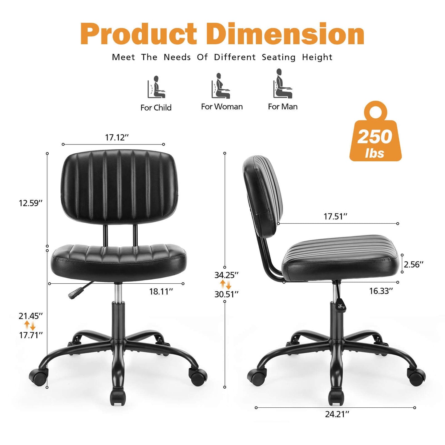 Adjustable Height 360° Rolling Swivel Computer Task Chair without Arm