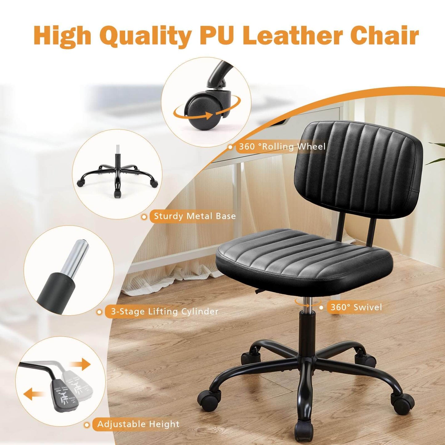 Adjustable Height 360° Rolling Swivel Computer Task Chair without Arm
