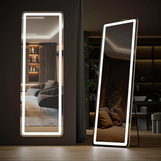 3 Color Lighting Mirror with LED Lights, 64"x21" Lighted Floor Standing Mirror with Stand, Wall Mounted Hanging