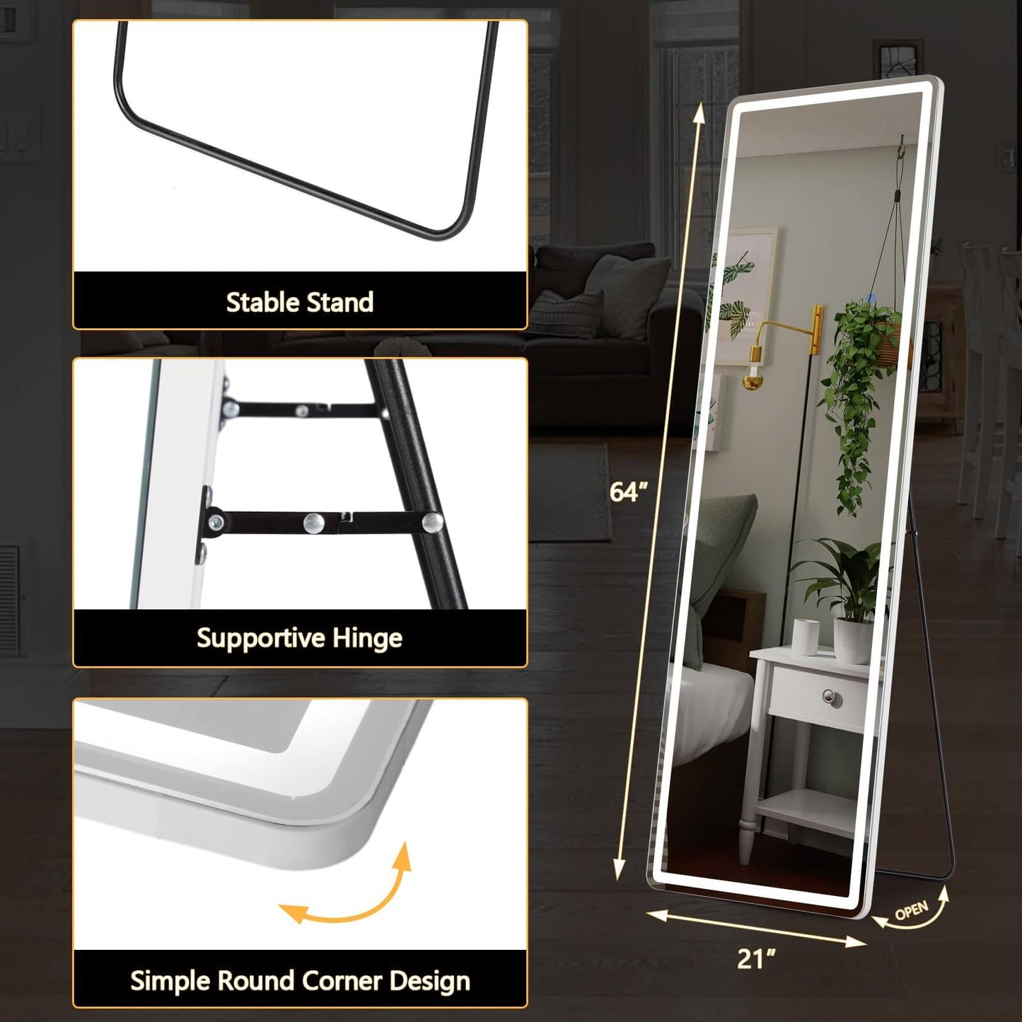 3 Color Lighting Mirror with LED Lights, 64"x21" Lighted Floor Standing Mirror with Stand, Wall Mounted Hanging