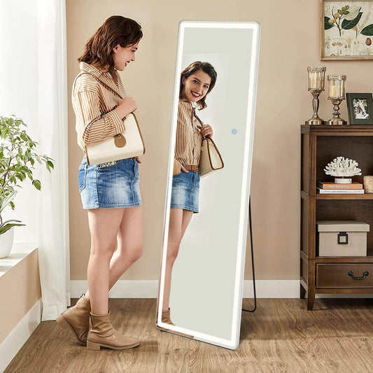 3 Color Lighting Mirror with LED Lights, 64"x21" Lighted Floor Standing Mirror with Stand, Wall Mounted Hanging