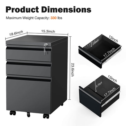 Sweetcrispy 3 Drawer Mobile Rolling File Cabinet With Lock  For Home Office