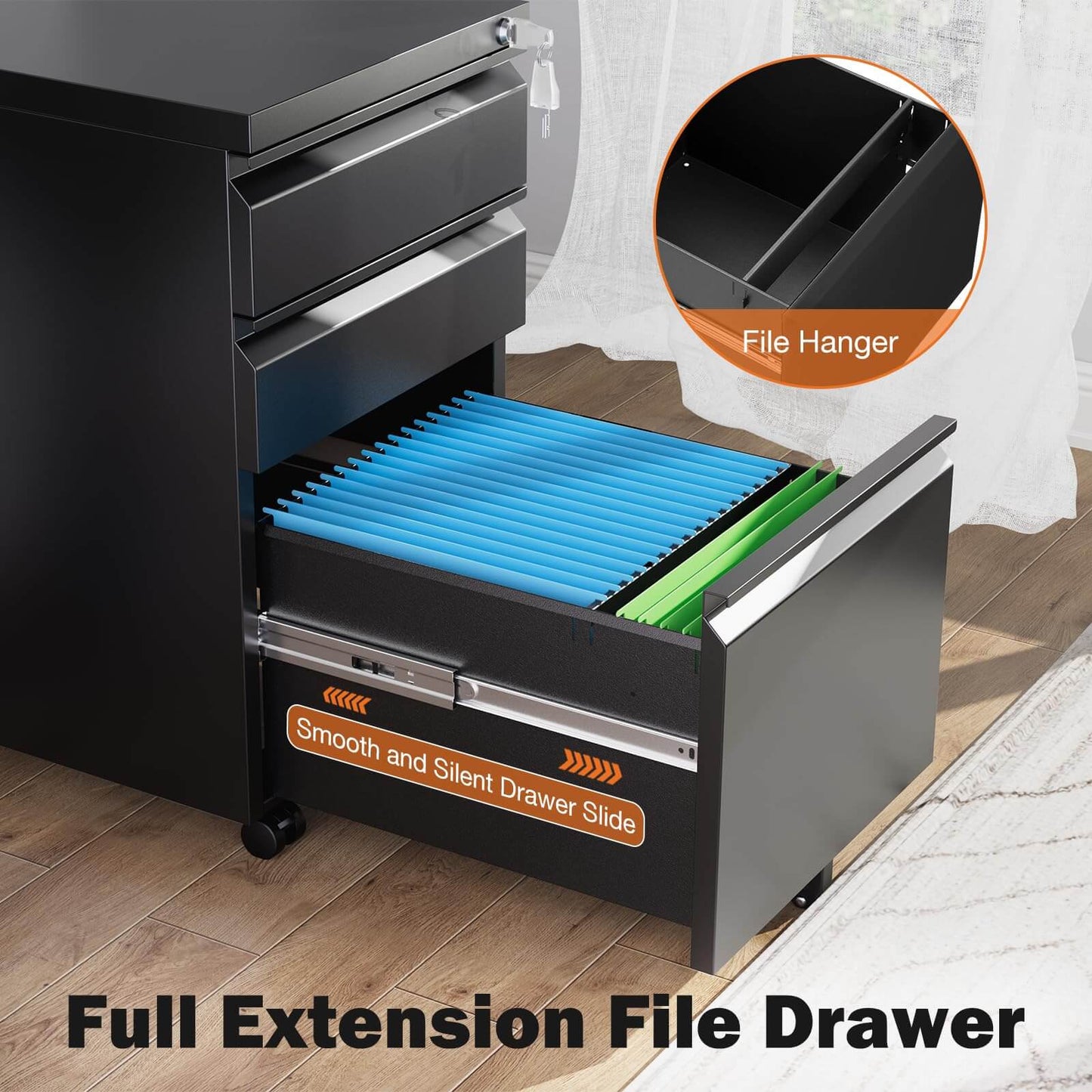 Sweetcrispy 3 Drawer Mobile Rolling File Cabinet With Lock  For Home Office