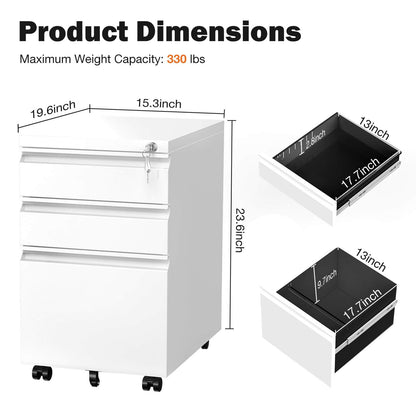Sweetcrispy 3 Drawer Mobile Rolling File Cabinet With Lock  For Home Office