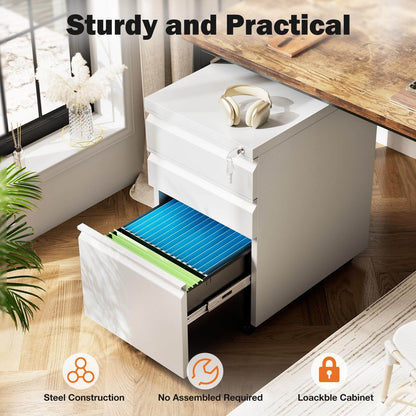 Sweetcrispy 3 Drawer Mobile Rolling File Cabinet With Lock  For Home Office