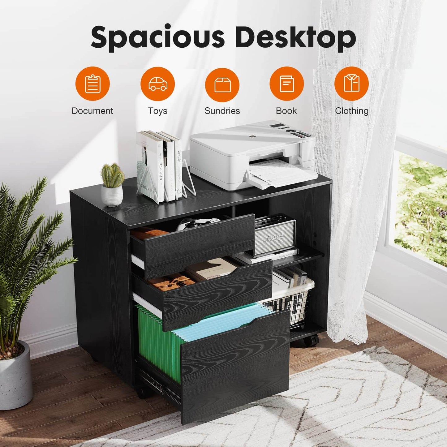 3 Drawer Mobile Rolling Lateral File Cabinet For Home Office And Kids Room