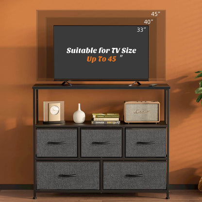 38 in Open Storage Shelf TV Stand with 5 Fabric Drawers for Bedroom/Living Room/Hallway