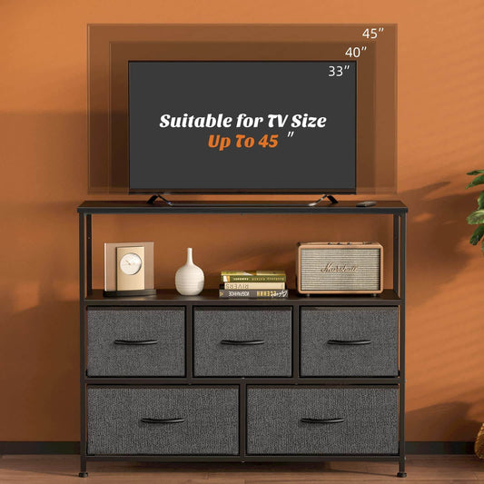 38 in Open Storage Shelf TV Stand with 5 Fabric Drawers for Bedroom/Living Room/Hallway
