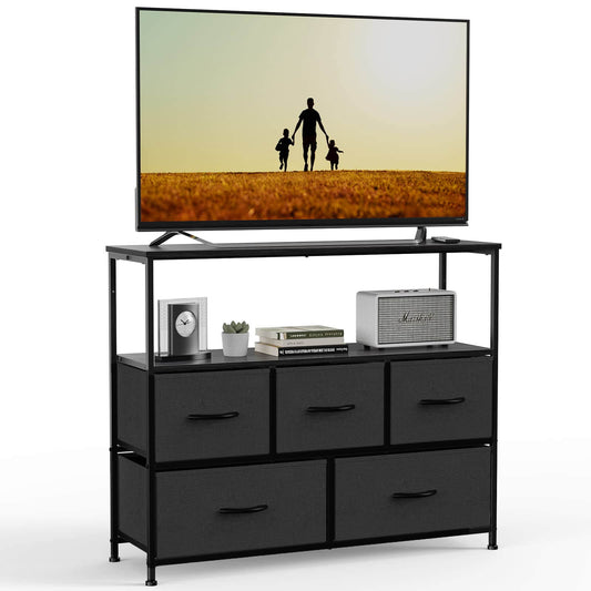 38 in Open Storage Shelf TV Stand with 5 Fabric Drawers for Bedroom/Living Room/Hallway