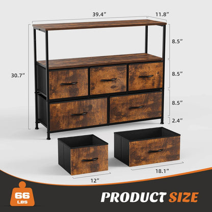 38 in Open Storage Shelf TV Stand with 5 Fabric Drawers for Bedroom/Living Room/Hallway