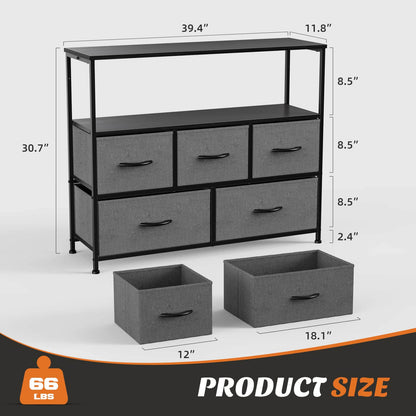 38 in Open Storage Shelf TV Stand with 5 Fabric Drawers for Bedroom/Living Room/Hallway